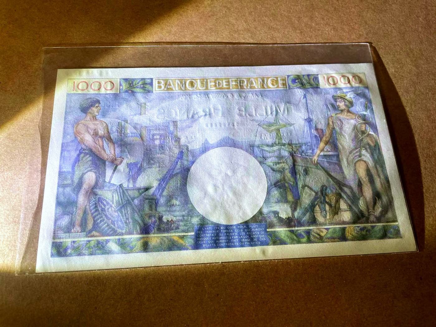 【Blue Auction】✨世界纸币精拍第449期【精】  【无47】法国 1944年1000法郎 超大票幅 墨丘利 UNC- 极轻微荧光