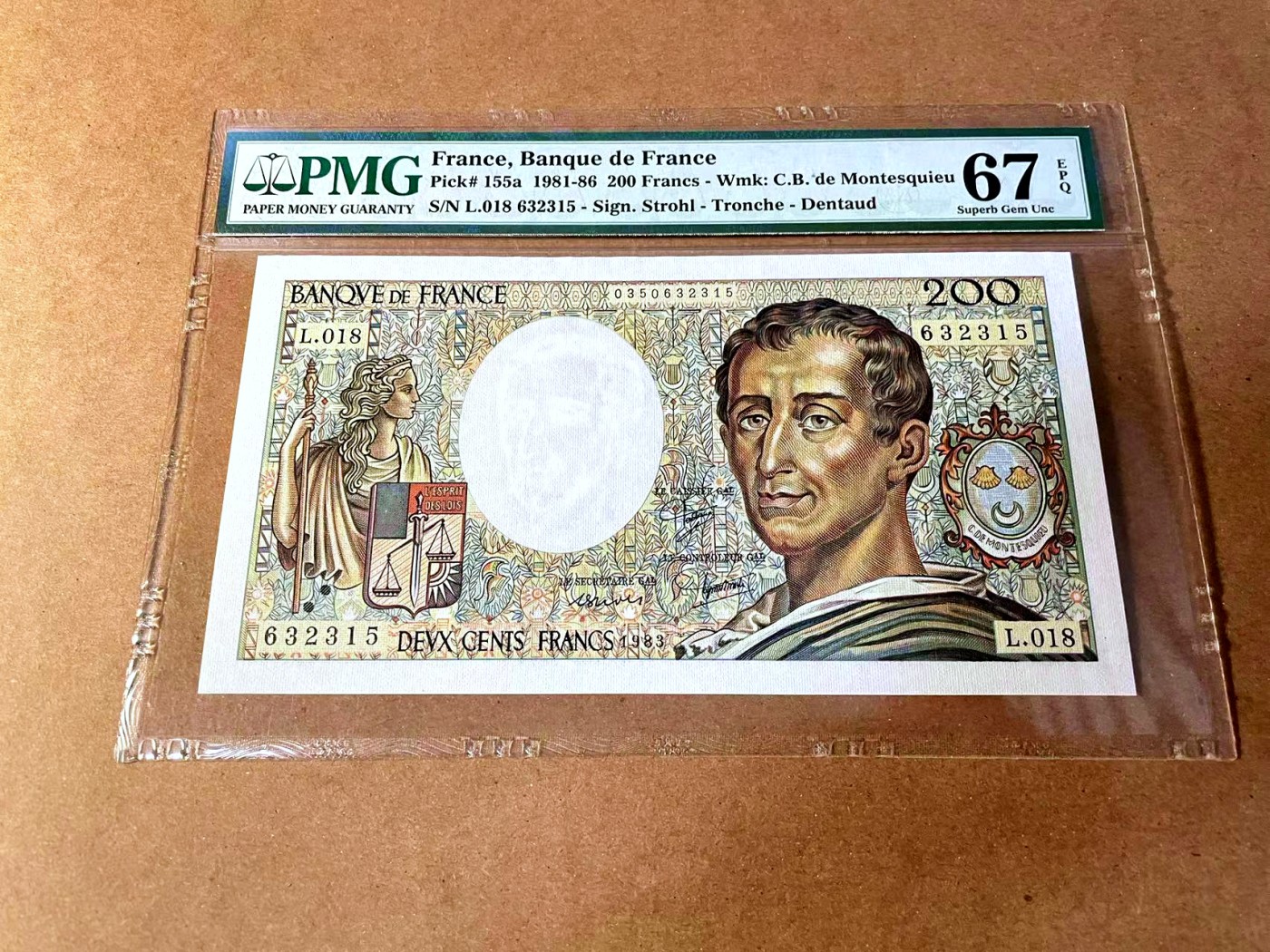 【Blue Auction】✨世界纸币精拍第449期【精】 【a版无47】法国 1983年200法郎 孟德斯鸠 PMG67EPQ 高分