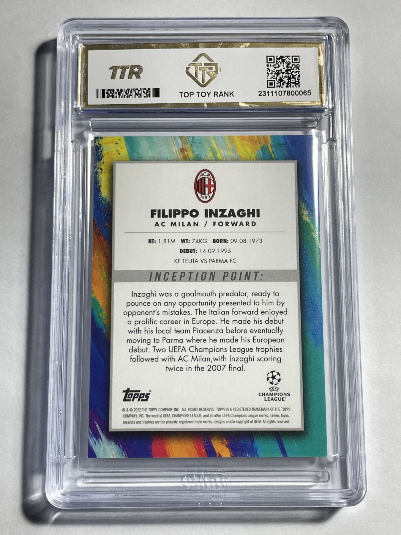 【德藏】卡牌拍卖第11期 ~【无每件最低收费！！！】 2021年 TOPPS INCEPTION 欧冠 AC米兰俱乐部 菲利波·因扎吉 TTR 9 厚卡加厚壳封装