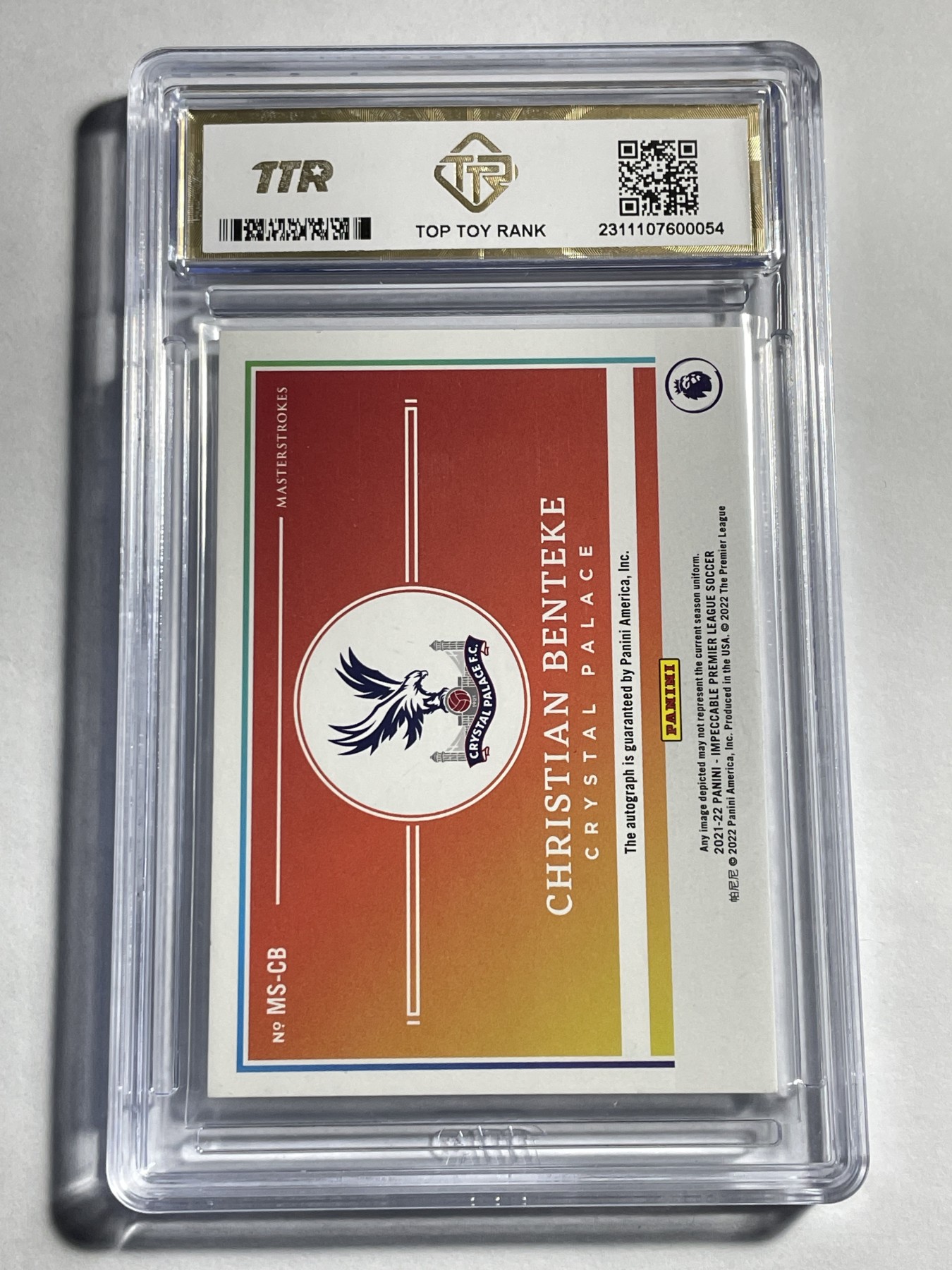 【德藏】卡牌拍卖第11期 ~【无每件最低收费！！！】 2021年 PANINI IMPECCABLE 英超 水晶宫俱乐部 克里斯蒂安·本特克 99编 限编 亲签卡 TTR 9 签字9 厚卡加厚壳封装