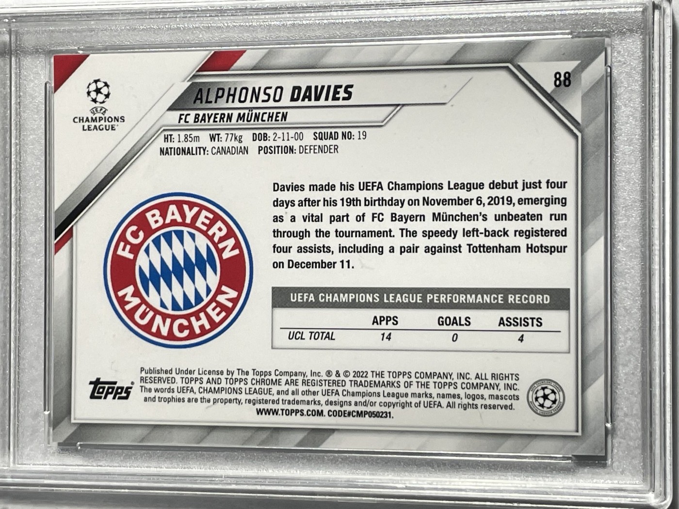 【德藏】卡牌拍卖第11期 ~【无每件最低收费！！！】 2021年 TOPPS CHROME 欧冠 拜仁俱乐部 阿方索·戴维斯 TTR 9.5