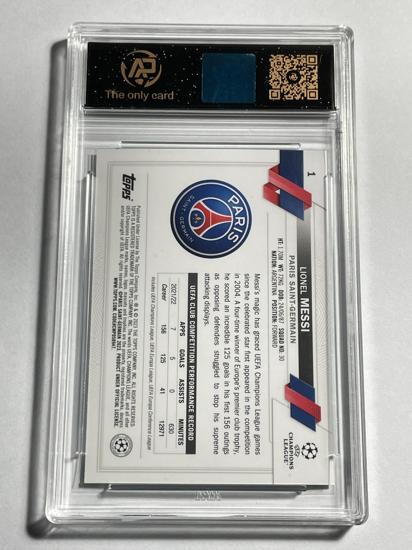 【德藏】卡牌拍卖第11期 ~【无每件最低收费！！！】 2022-23年 TOPPS 碧玉 欧冠 巴黎圣日耳曼俱乐部 梅西 RPA 9.5