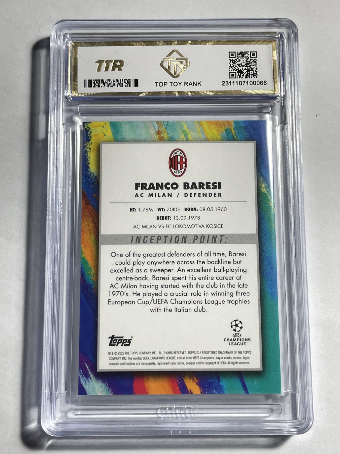 【德藏】卡牌拍卖第11期 ~【无每件最低收费！！！】 2021年 TOPPS INCEPTION 欧冠 AC米兰俱乐部 弗朗哥·巴雷西 TTR 9.5 厚卡加厚壳封装