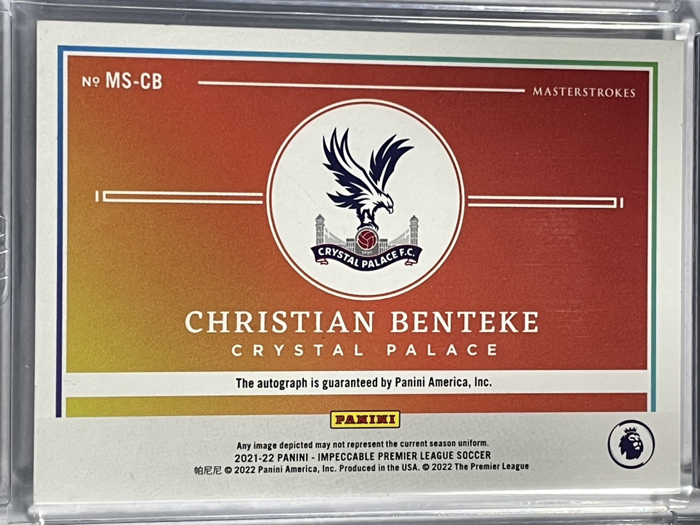 【德藏】卡牌拍卖第11期 ~【无每件最低收费！！！】 2021年 PANINI IMPECCABLE 英超 水晶宫俱乐部 克里斯蒂安·本特克 99编 限编 亲签卡 TTR 9 签字9 厚卡加厚壳封装