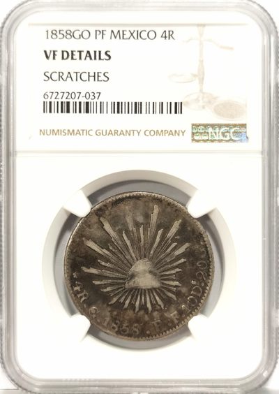 博洋堂世界钱币拍卖第140期（全场包邮） - NGC VF 墨西哥1858年Go PF版鹰洋4R银币，稀少鹰洋半圆