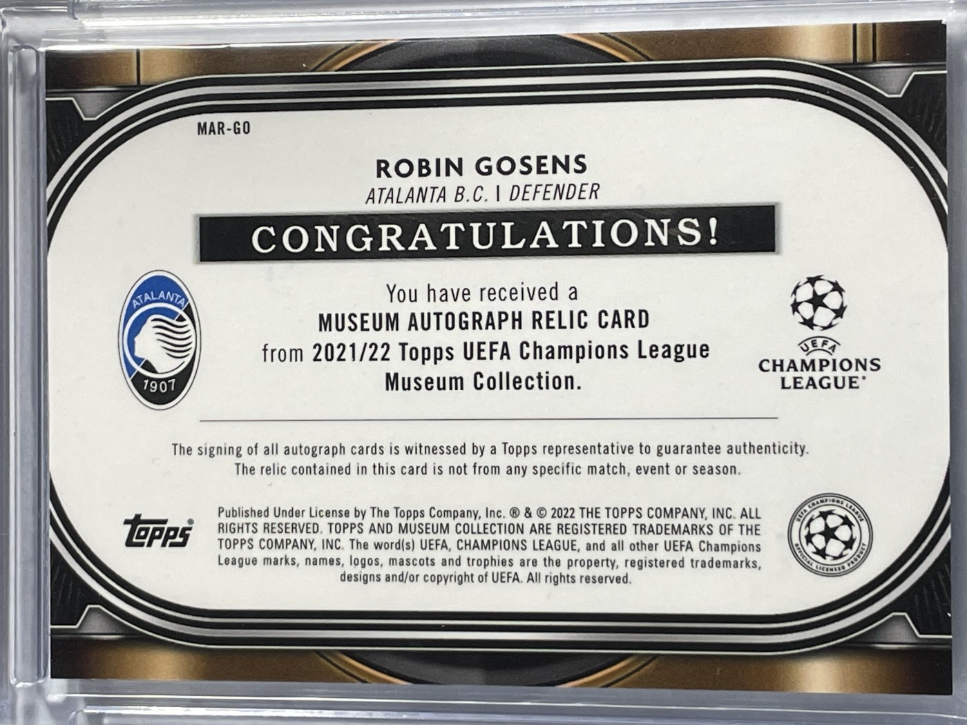 【德藏】卡牌拍卖第11期 ~【无每件最低收费！！！】 2021年 TOPPS MUSEUM 欧冠 亚特兰大俱乐部 罗宾·戈森斯 50编 限编 亲签 球衣切割 镶嵌卡 TTR 9 签字 10 厚卡加厚壳封装
