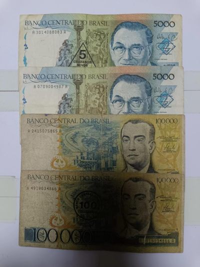 【20240325】非全新纸币第124场 - 巴西4张纸币各为不同版本，有裂缝和字迹