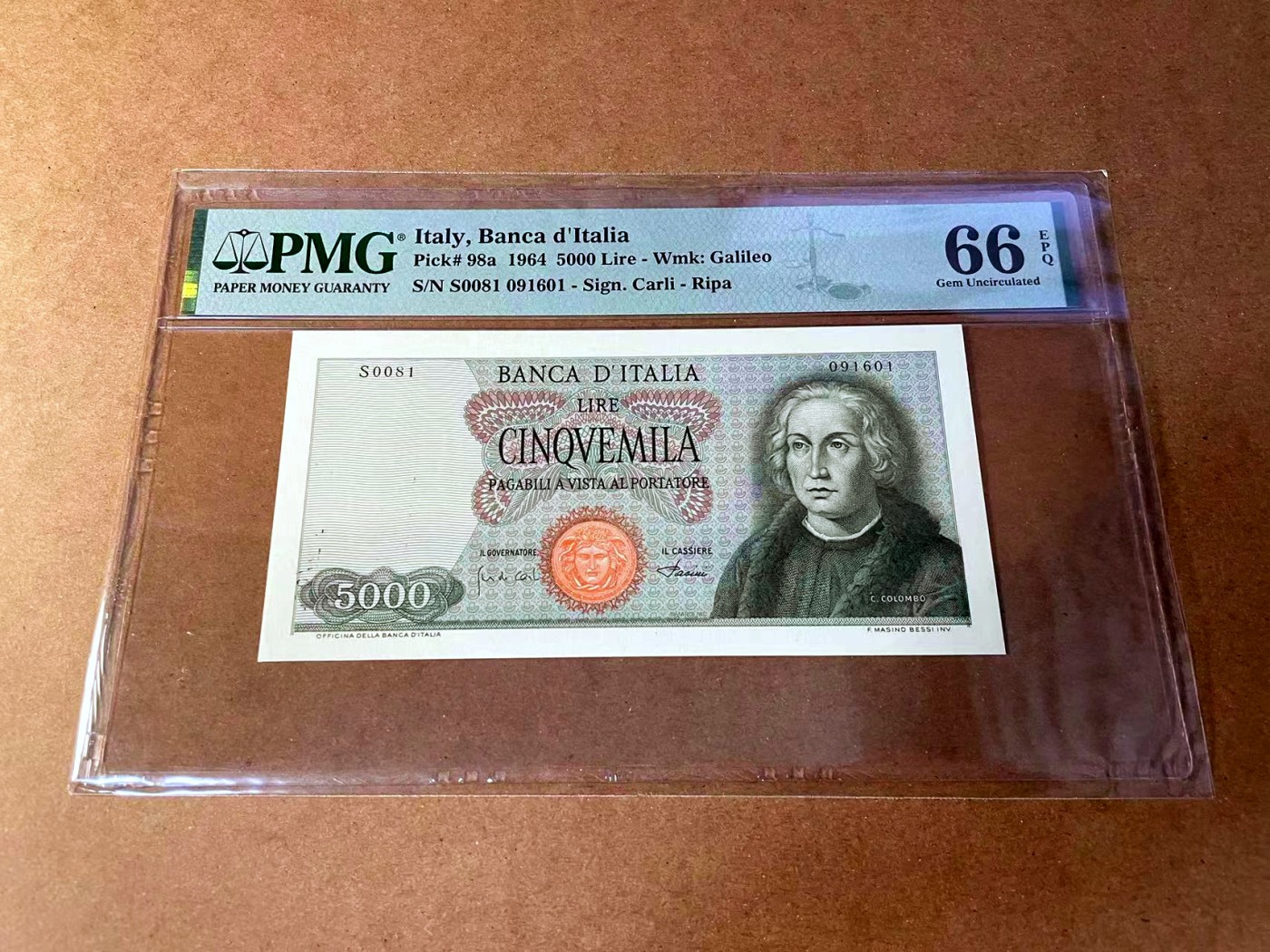【Blue Auction】✨世界纸币精拍第449期【精】 【倒置号 a版】意大利 1964年5000里拉 哥伦布 PMG66EPQ 