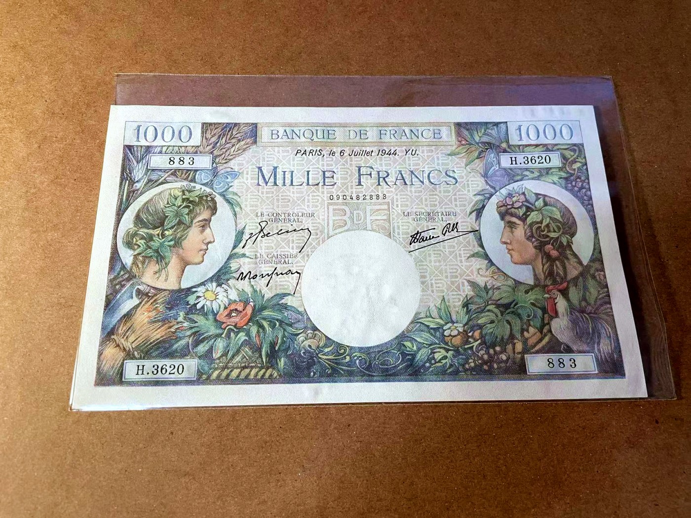 【Blue Auction】✨世界纸币精拍第449期【精】  【无47】法国 1944年1000法郎 超大票幅 墨丘利 UNC- 极轻微荧光