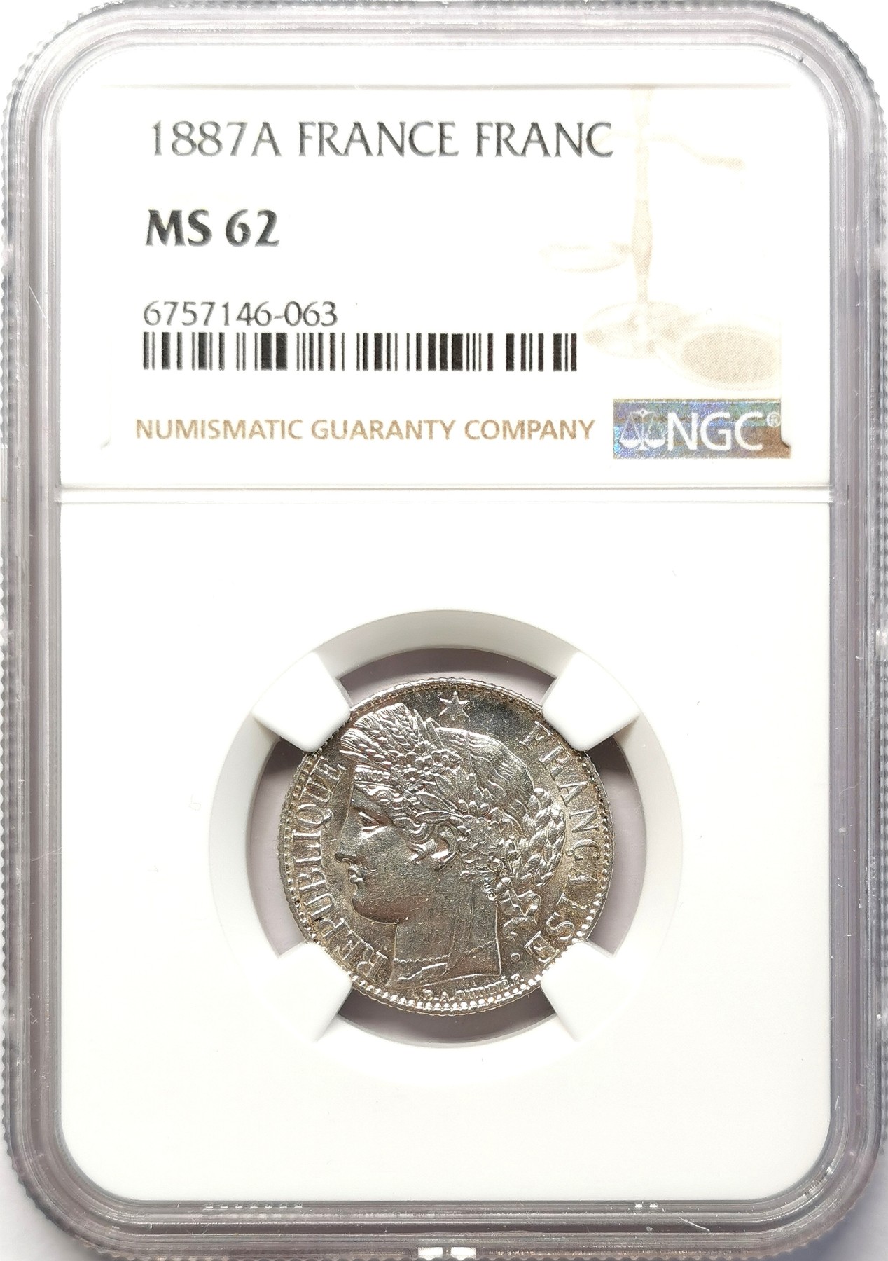 凡希社世界钱币微拍第二百六十四期 1887A法国丰收女神银法郎NGC-MS62