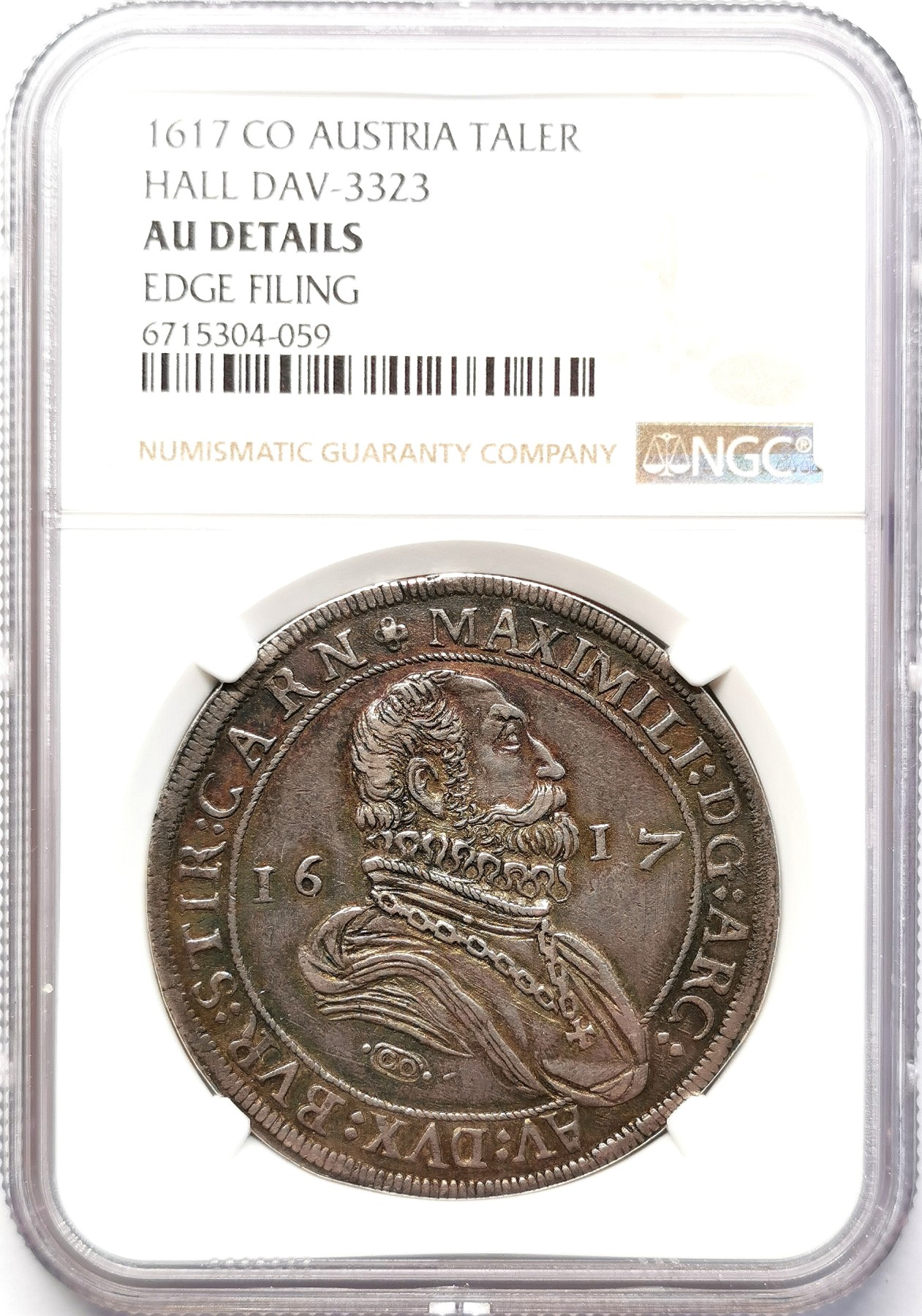 凡希社世界钱币微拍第二百六十四期 1617神罗奥地利大公马克西米利安泰勒大银NGC-AUD 黑彩！