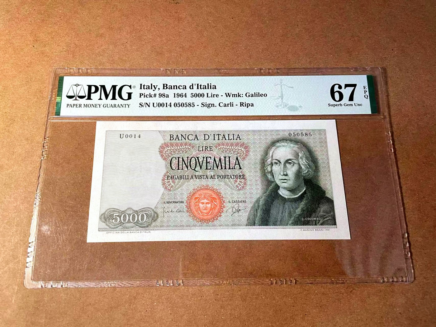 【Blue Auction】✨世界纸币精拍第451期【精】  【a版 仅1张更高分】意大利 1964年5000里拉 哥伦布 PMG67EPQ 高分 