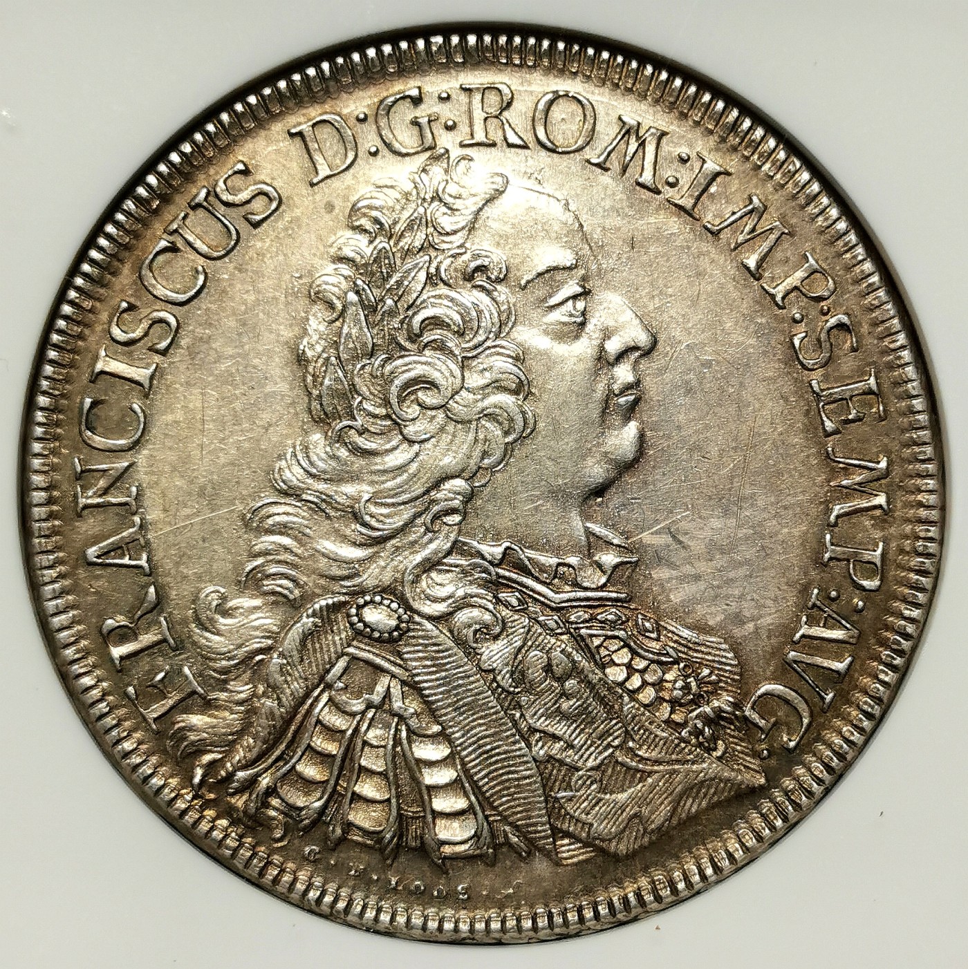 凡希社世界钱币微拍第二百六十四期 1762神罗帝国自由市城市景观泰勒大银NGC-AUD，灰彩细节优良！