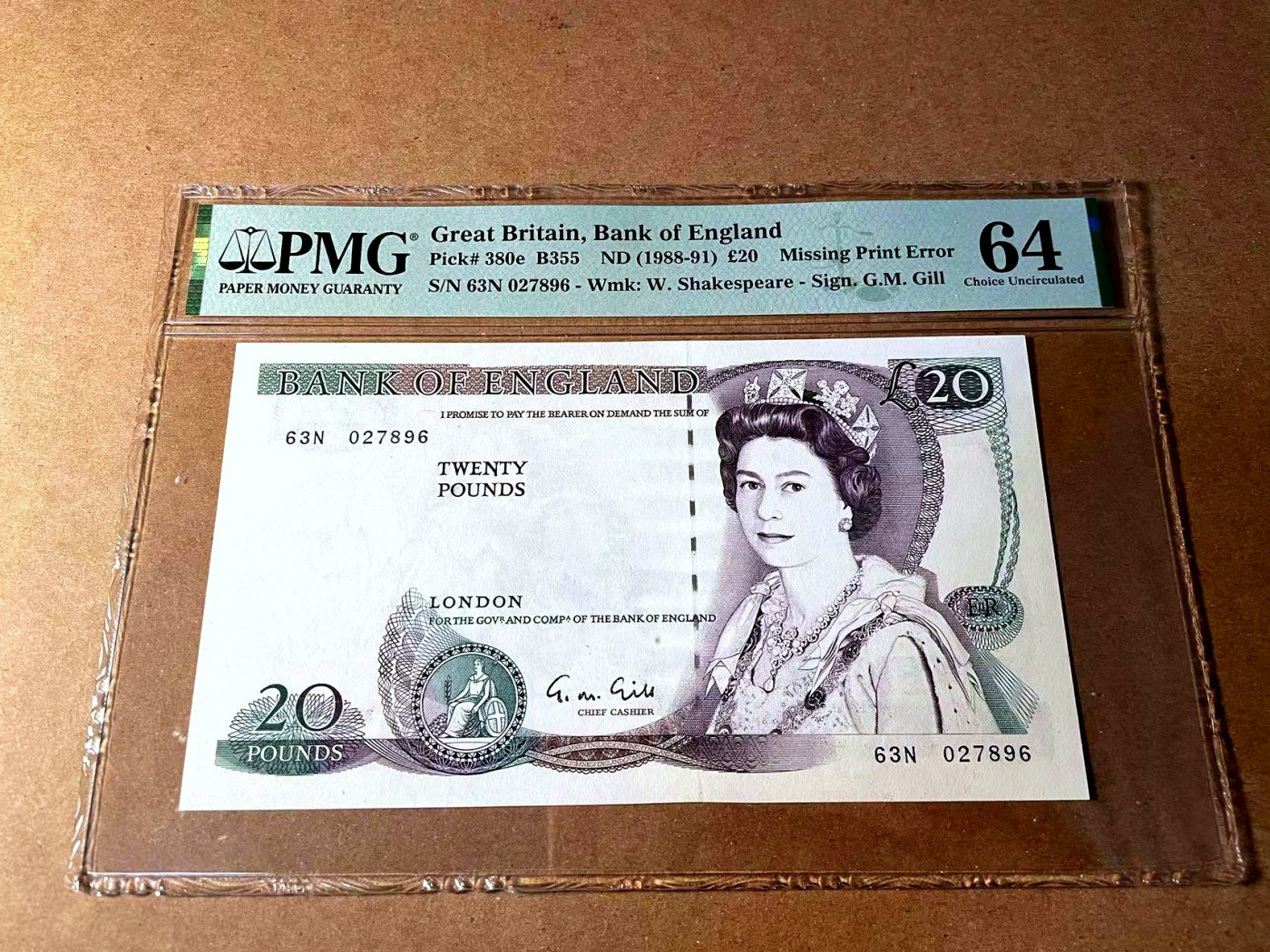 【Blue Auction】✨世界纸币精拍第451期【精】 【错钞漏印】英国 D序列 1988-91年20镑 PMG64 较少见