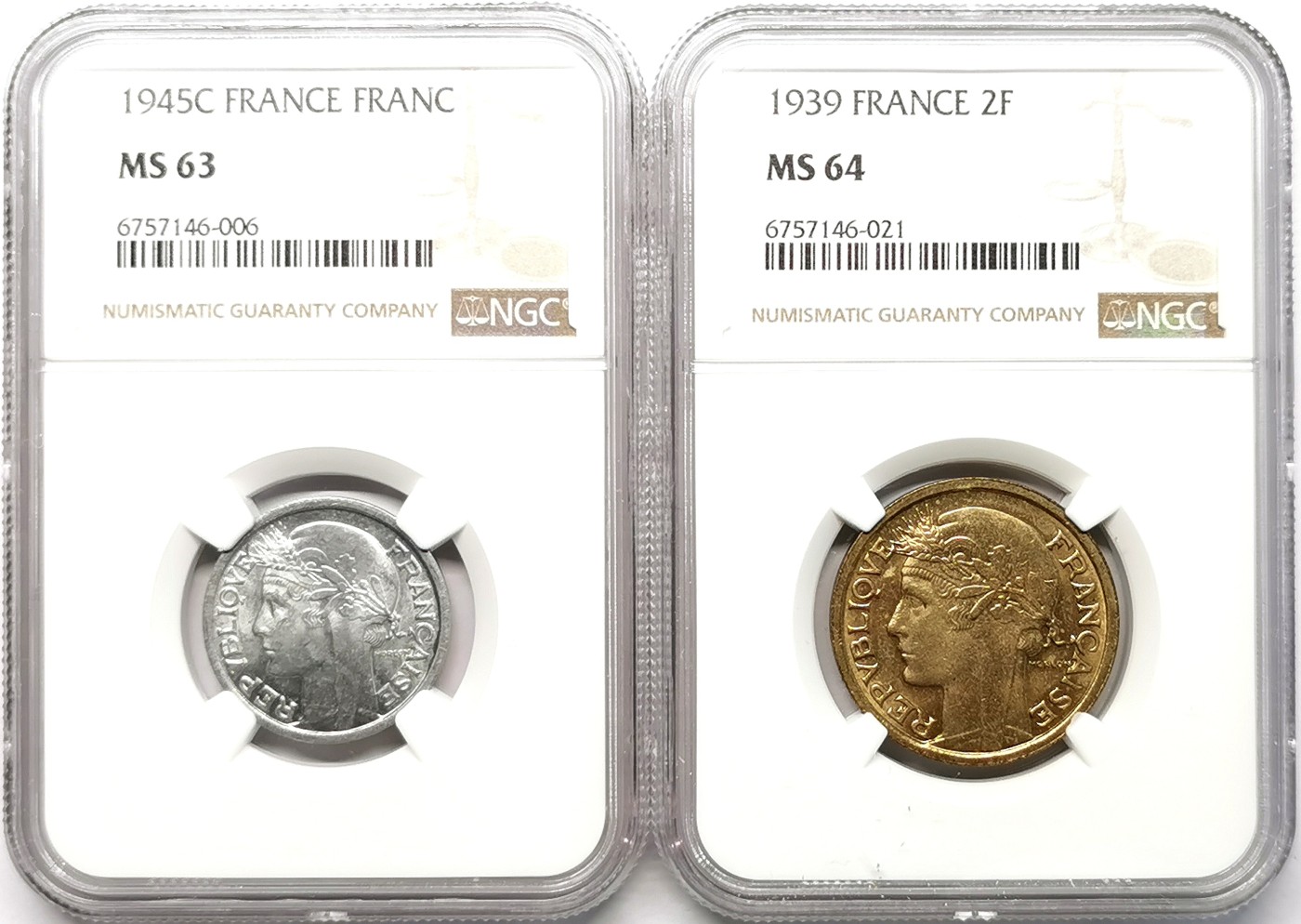 凡希社世界钱币微拍第二百六十四期 1939/45法国法郎/2法郎一对NGC-MS63/64