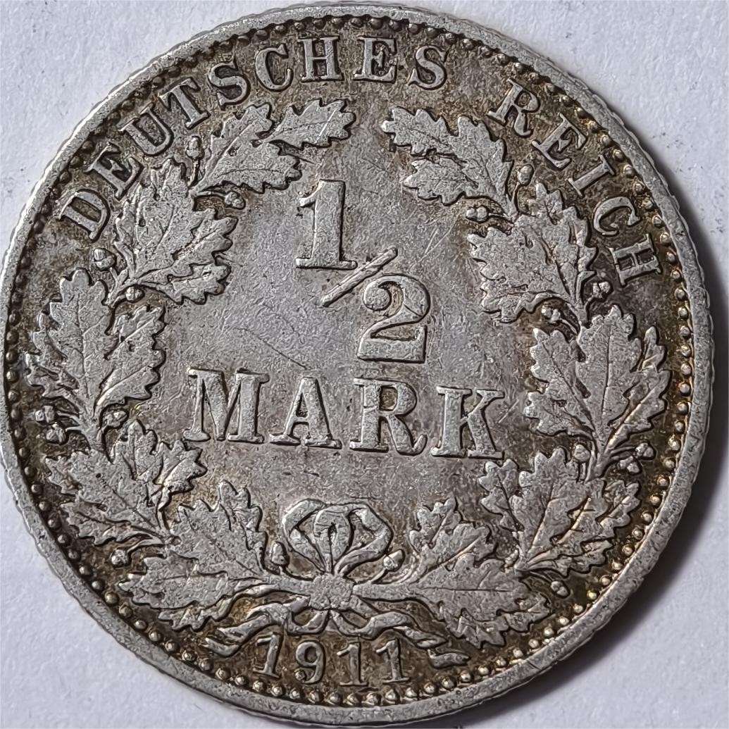 紫瑗钱币——第332期拍卖 德国 1911年 D版 第二帝国 1/2马克 银币 2.77克 0.9银