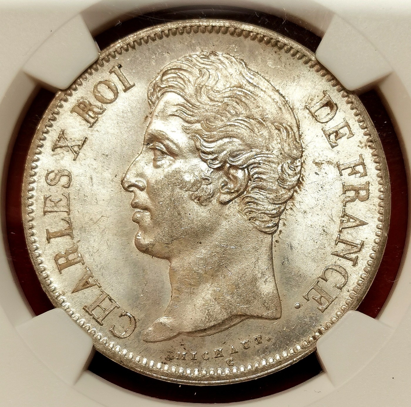 凡希社世界钱币微拍第二百六十四期 荐！1828W法国查理十世5法郎大银NGC-MS63 灰彩银光质感卓越！请参考视频。