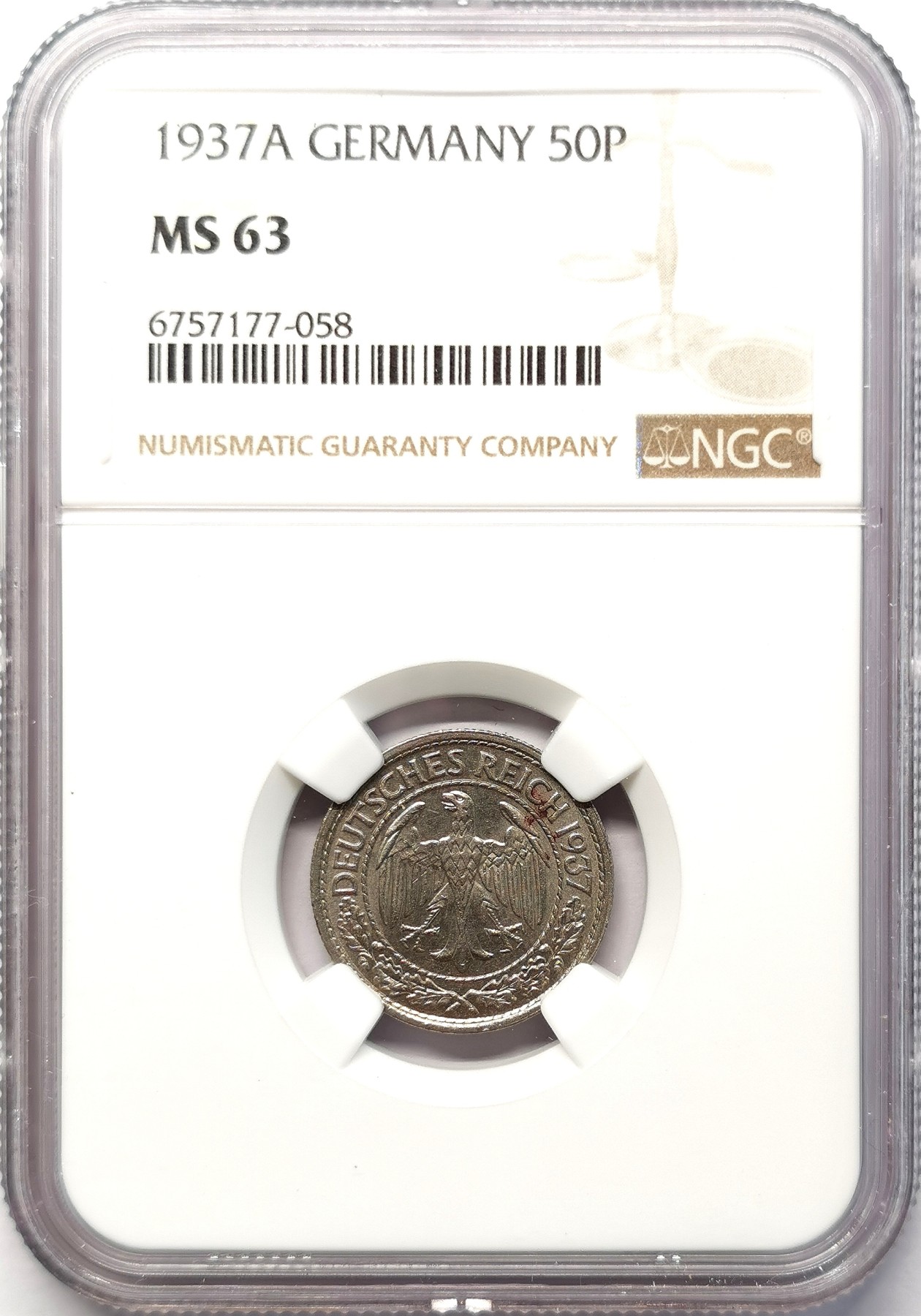 凡希社世界钱币微拍第二百六十四期 1937德国50芬尼NGC-MS63