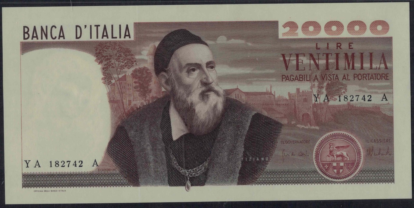 意大利1975年20000里拉 P-104 欧洲纸币 实物图 UNC