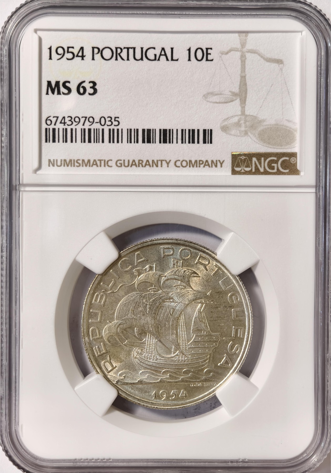 紫瑗钱币——第332期拍卖 葡萄牙 1955年 帆船 10埃斯库多 银币 NGC MS63