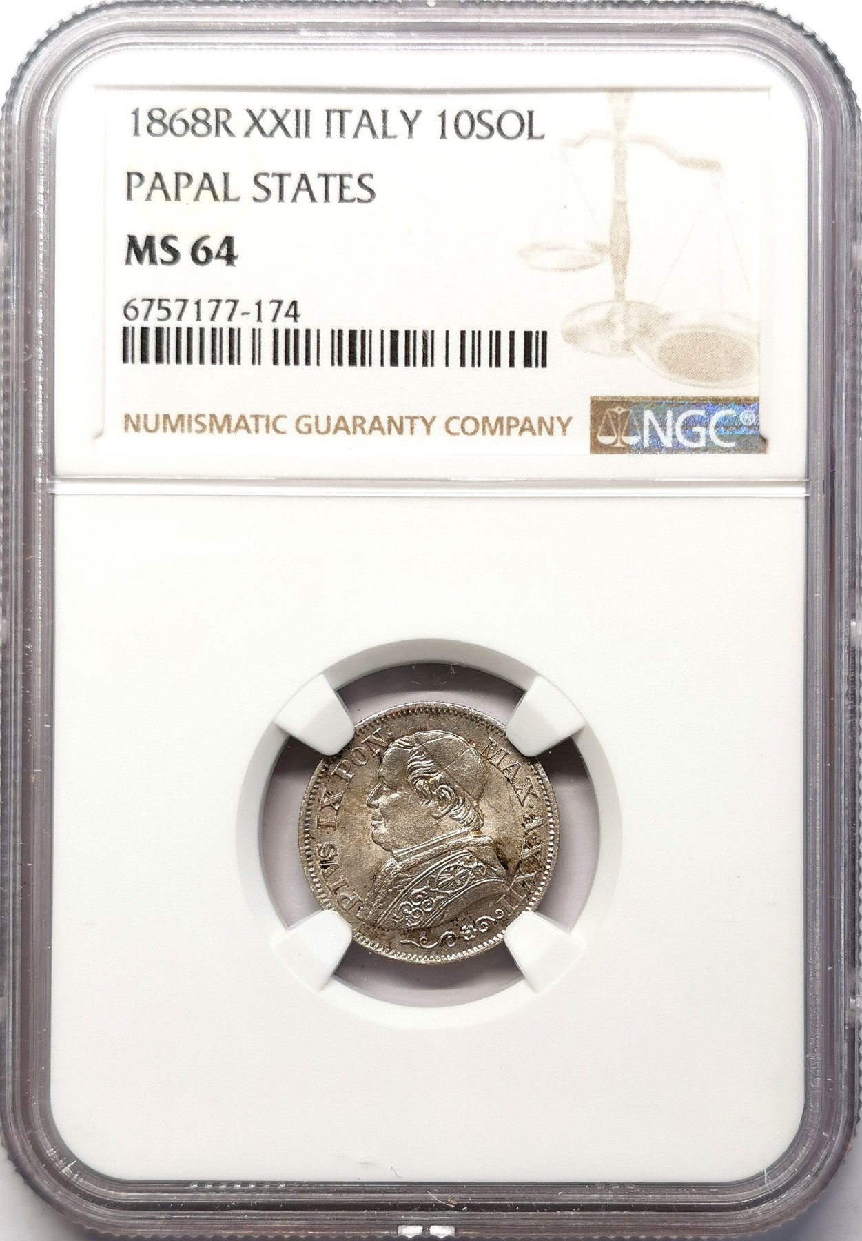 凡希社世界钱币微拍第二百六十四期 1868梵蒂冈庇护九世10SOL银辅币NGC-MS64