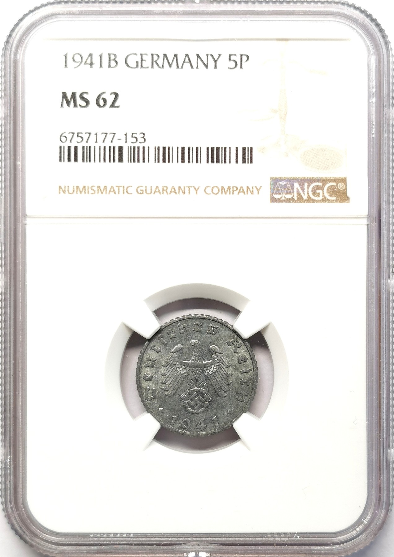 凡希社世界钱币微拍第二百六十四期 1941B德国5芬尼锌币NGC-MS62