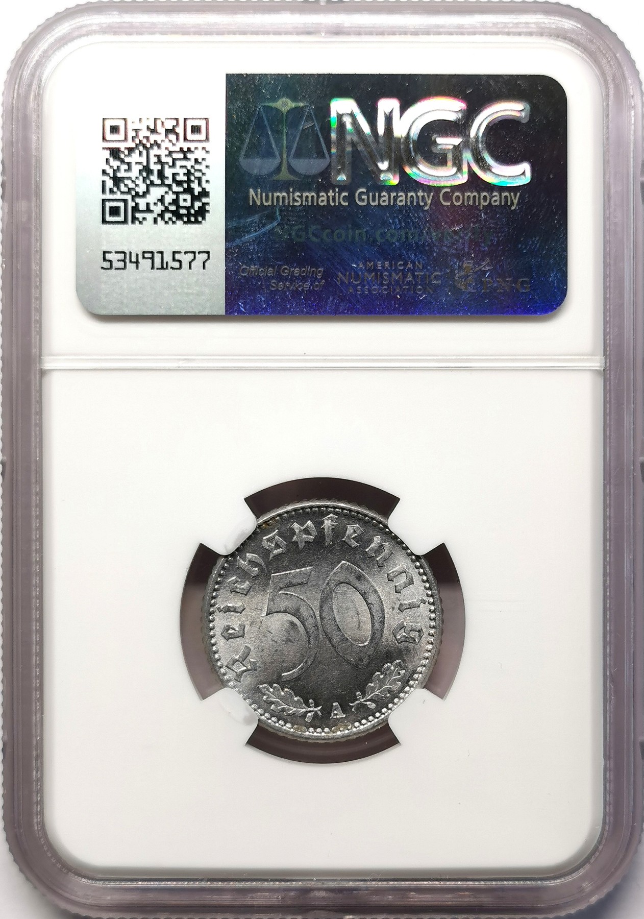 凡希社世界钱币微拍第二百六十四期 1943A德国50芬尼铝币NGC-MS62