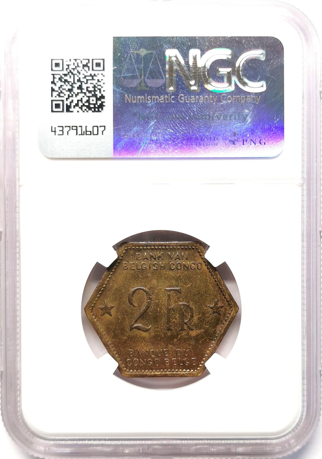 凡希社世界钱币微拍第二百六十四期 1943比属刚果大象六边形2法郎NGC-AU55，非洲殖民地钱币专家DENNIS GILL的logo选用了这一独特的钱币图案。