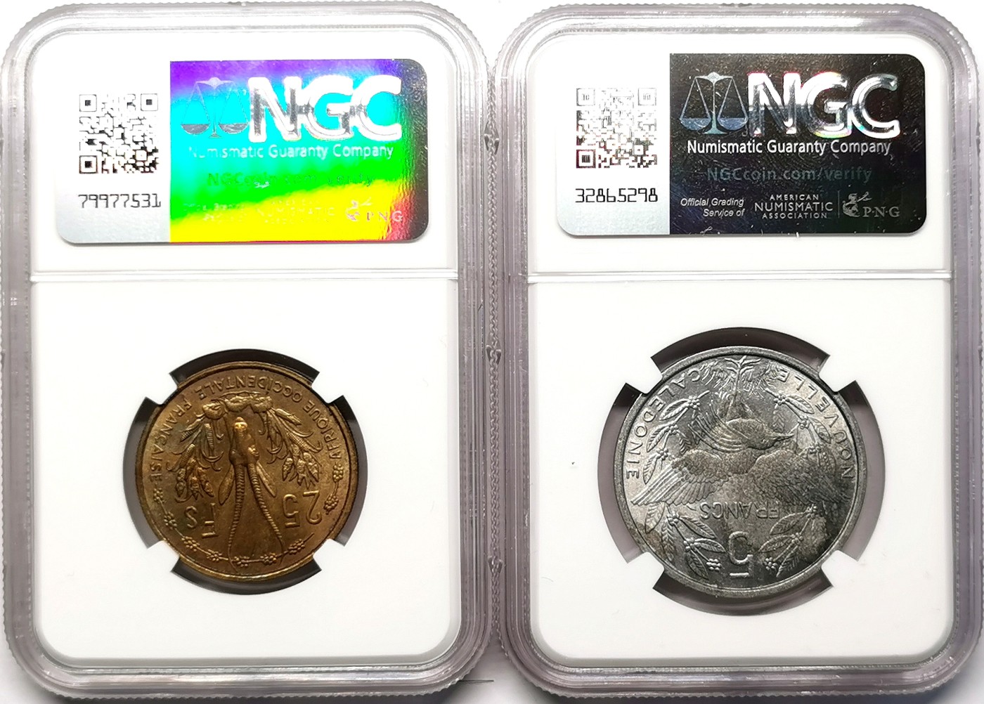 凡希社世界钱币微拍第二百六十四期 法属西非与新喀里多尼亚一对NGC-MS64/62