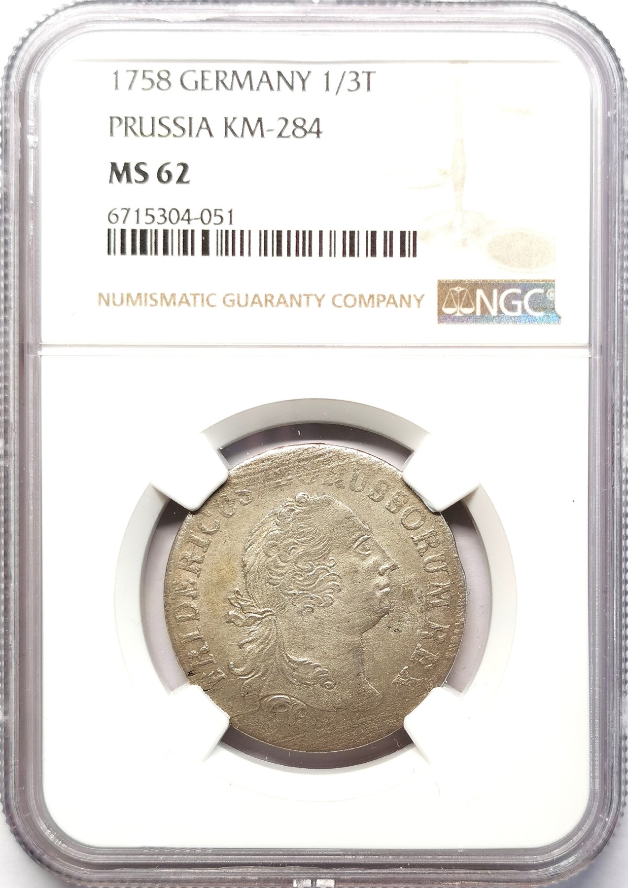 凡希社世界钱币微拍第二百六十四期 1758普鲁士弗里德里希二世1/3（1/2古尔登）泰勒银币NGC-MS62，一年型，KM284，MS罕见！