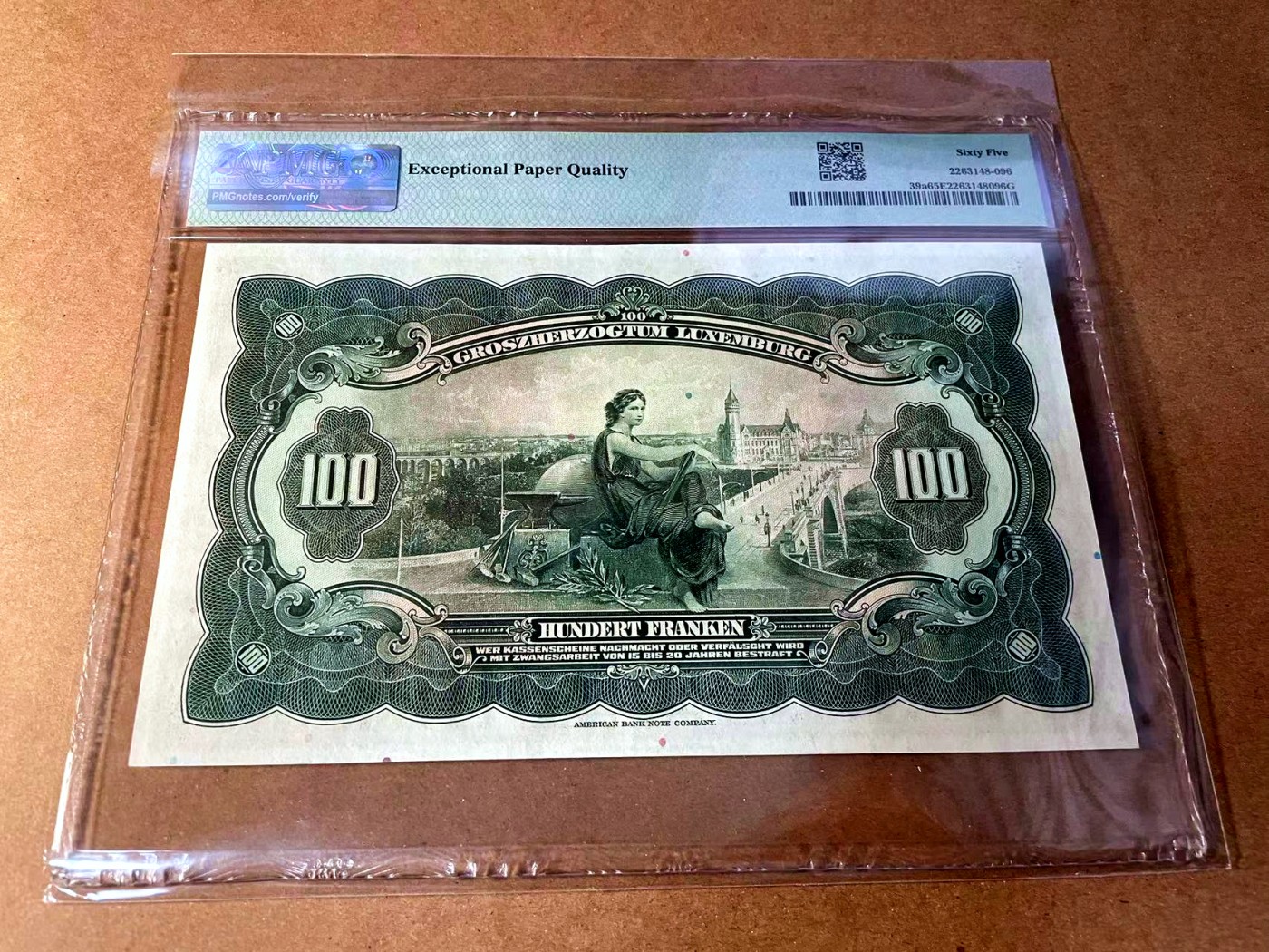 【Blue Auction】✨世界纸币精拍第451期【精】 【倒置靓号】卢森堡 1934年100法郎 女大公夏洛特 背面大场景ABNC雕刻精美 PMG65EPQ 大票幅 