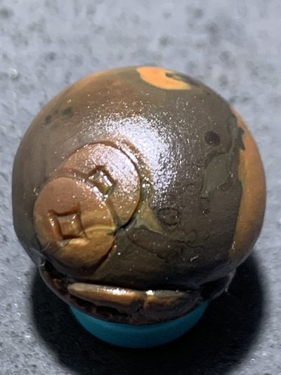 精美亚光冰飘战国红玛瑙手工俏色蟹钳钱币圆珠一个， 精美亚光冰飘战国红玛瑙手工俏色蟹钳钱币圆珠一个，