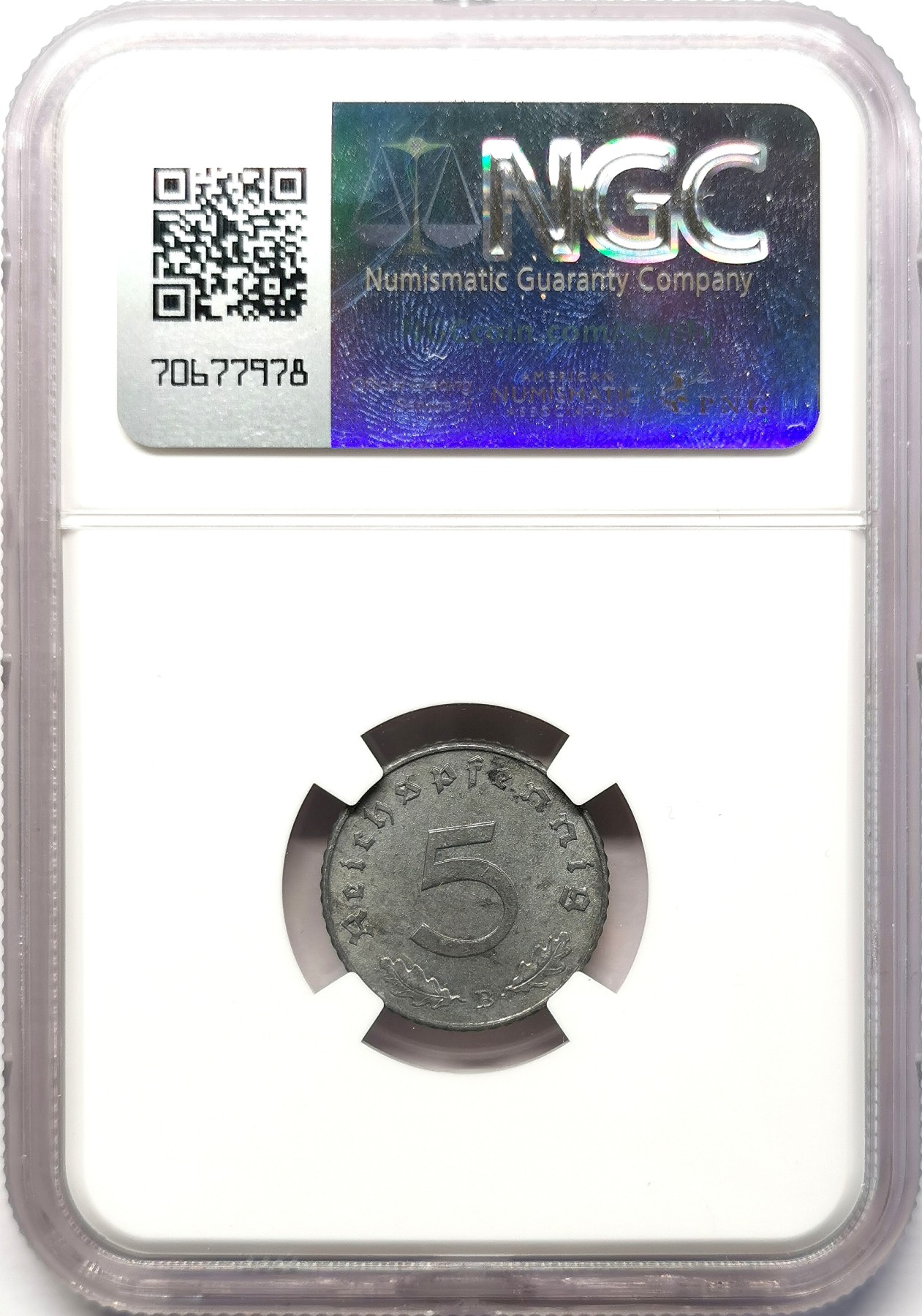 凡希社世界钱币微拍第二百六十四期 1941B德国5芬尼锌币NGC-MS62