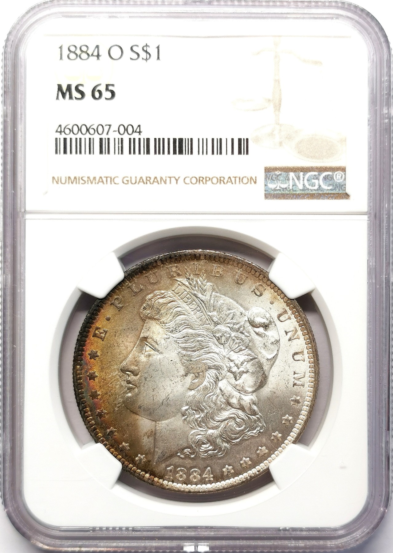 凡希社世界钱币微拍第二百六十四期 荐！1884O美国摩根壹元MGC-MS65 香槟金渐变五彩，美物！