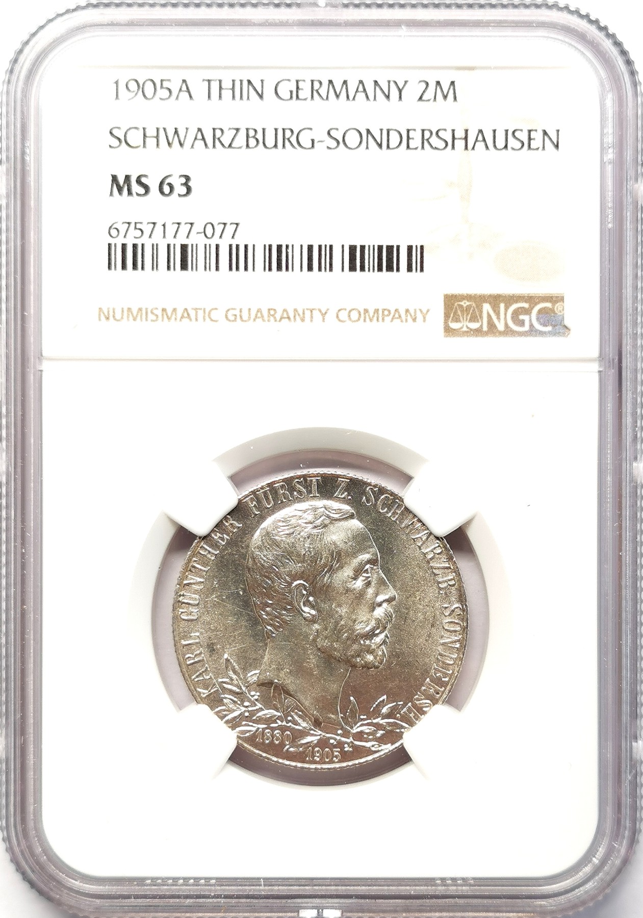 凡希社世界钱币微拍第二百六十四期 1905施瓦茨堡-桑德豪森2马克NGC-MS63