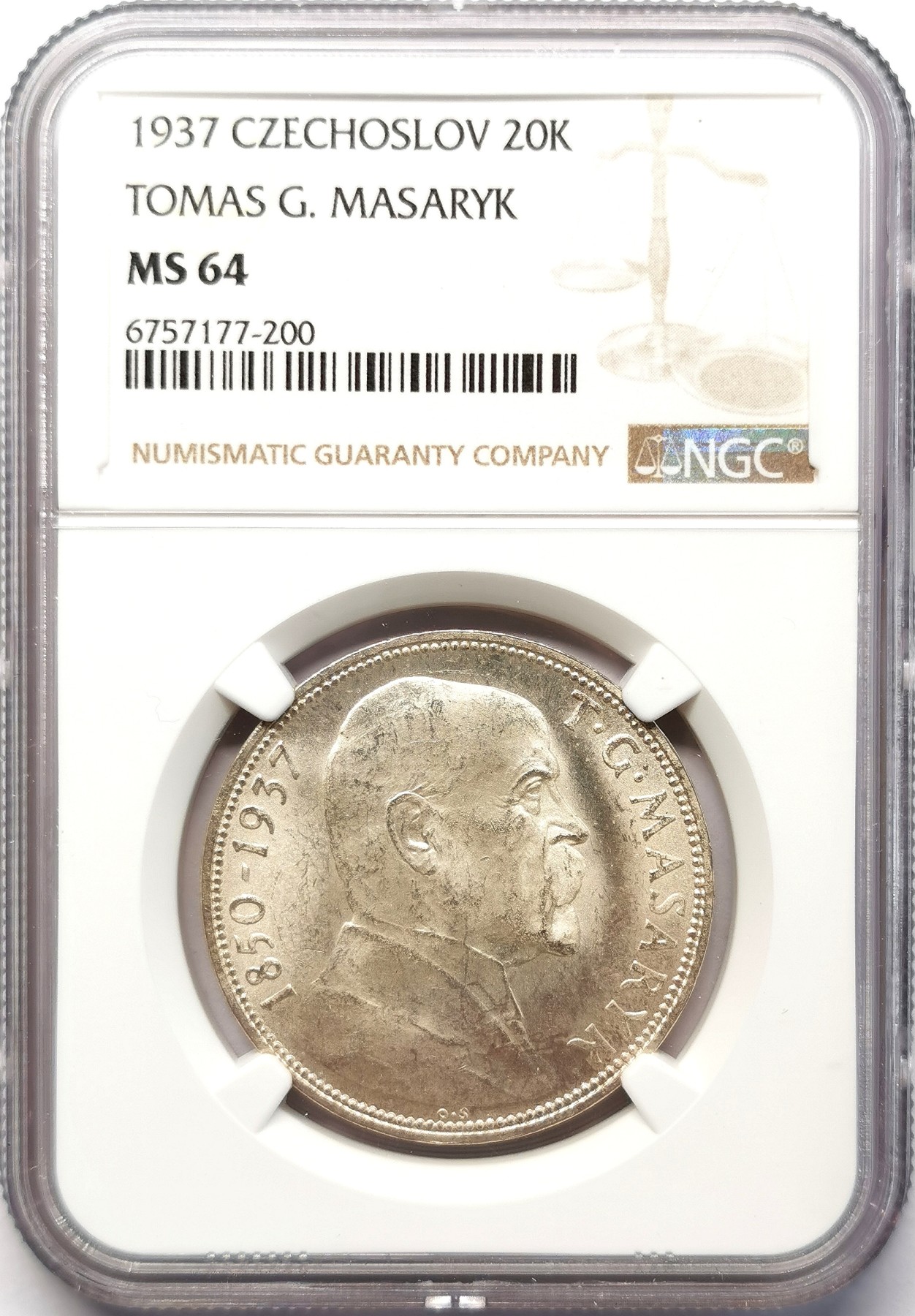 凡希社世界钱币微拍第二百六十四期 1937捷克斯洛伐克马萨里克20K纪念银币NGC-MS64