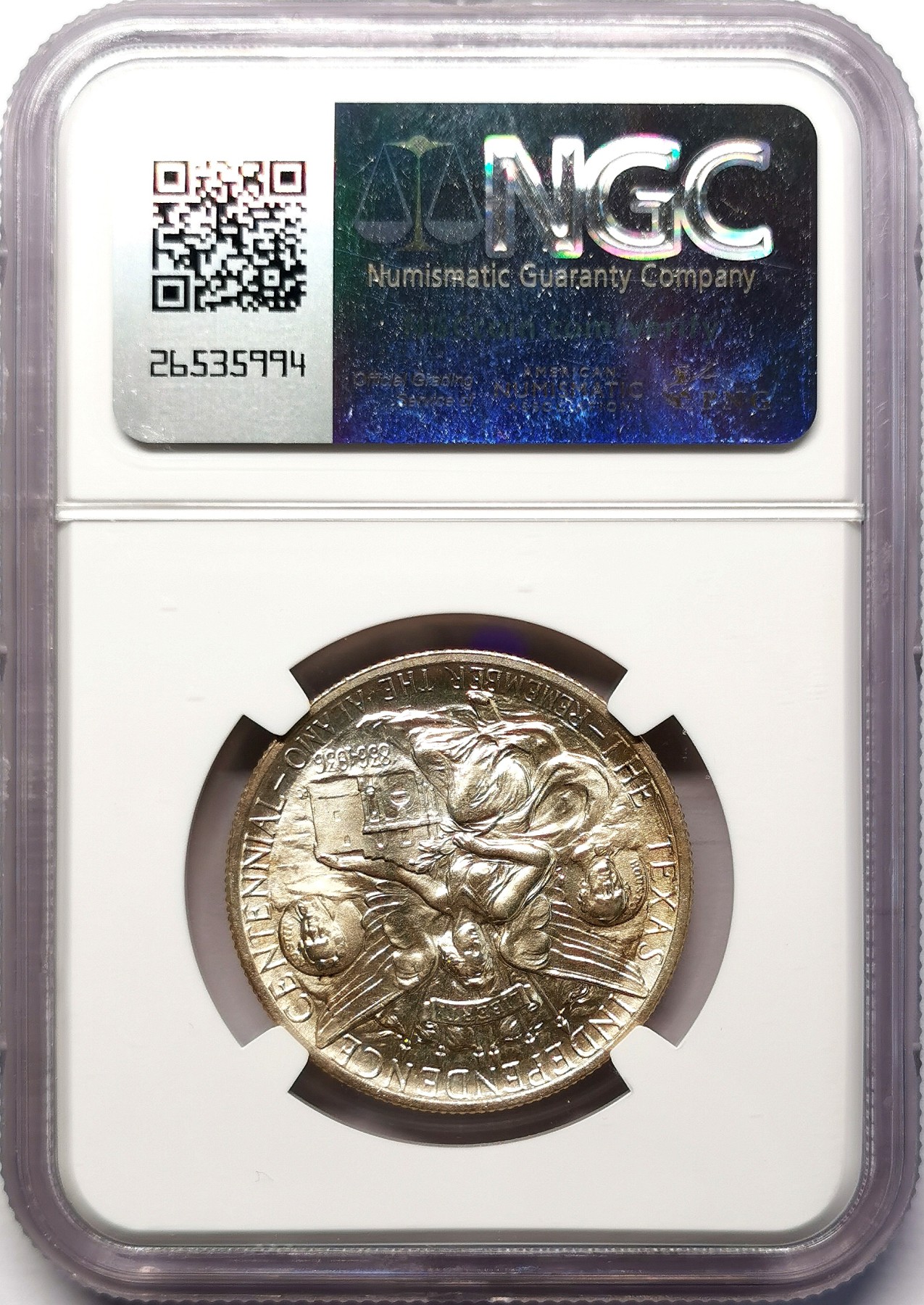 凡希社世界钱币微拍第二百六十四期 1936美国德克萨斯州百年纪念1/2Dol银币NGC-MS66 车轮转光，收藏级品相！