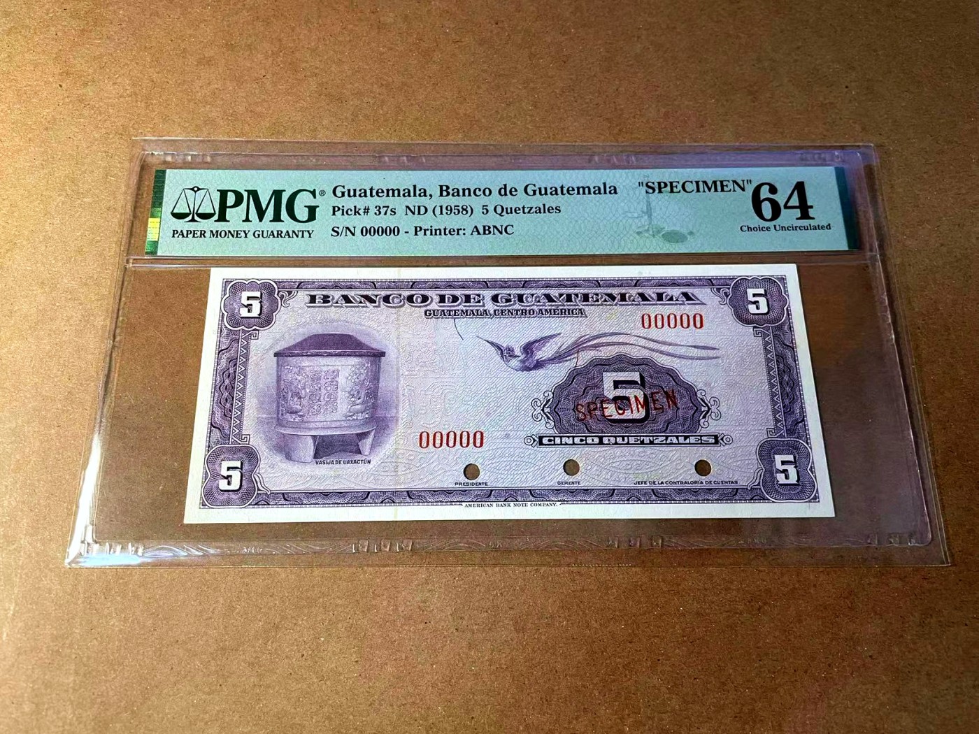 【Blue Auction】✨世界纸币精拍第451期【精】 【样钞】危地马拉 1958年5Quetzales PMG64 ABNC出品 雕刻精美 升值品种 背面大场景  