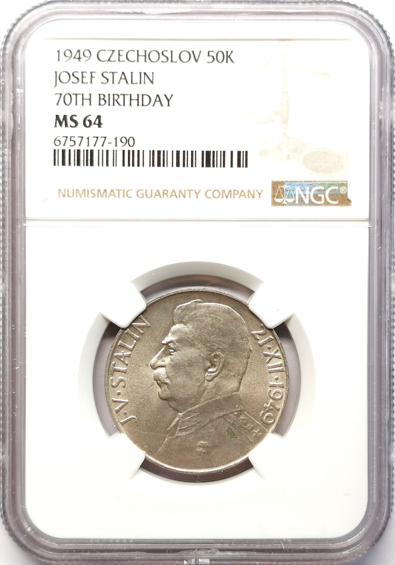 凡希社世界钱币微拍第二百六十四期 1949捷克斯洛伐克斯大林50克朗银币NGC-MS64