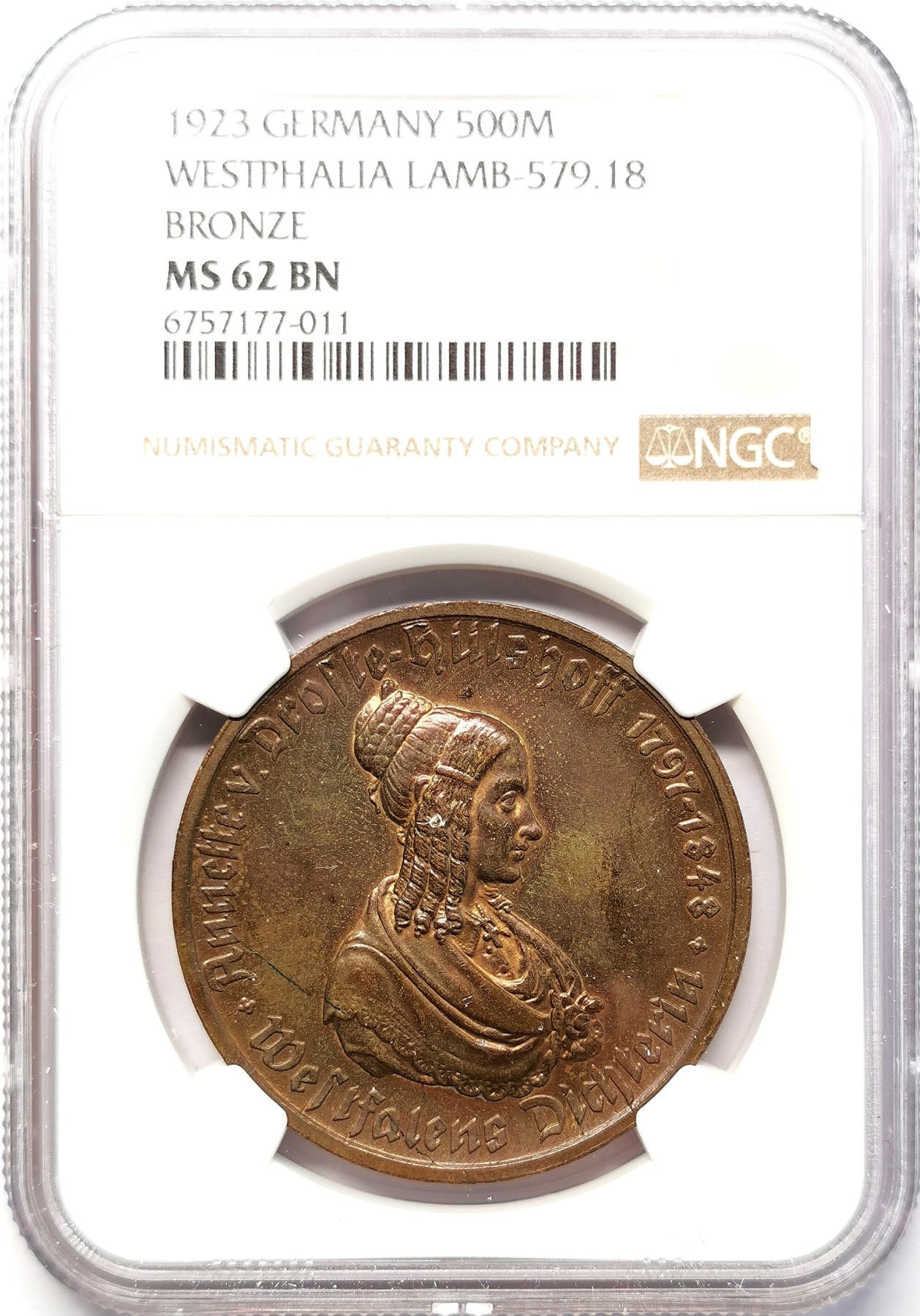 凡希社世界钱币微拍第二百六十四期 1923德紧威斯特伐利亚民族少女500马克NGC-MS62