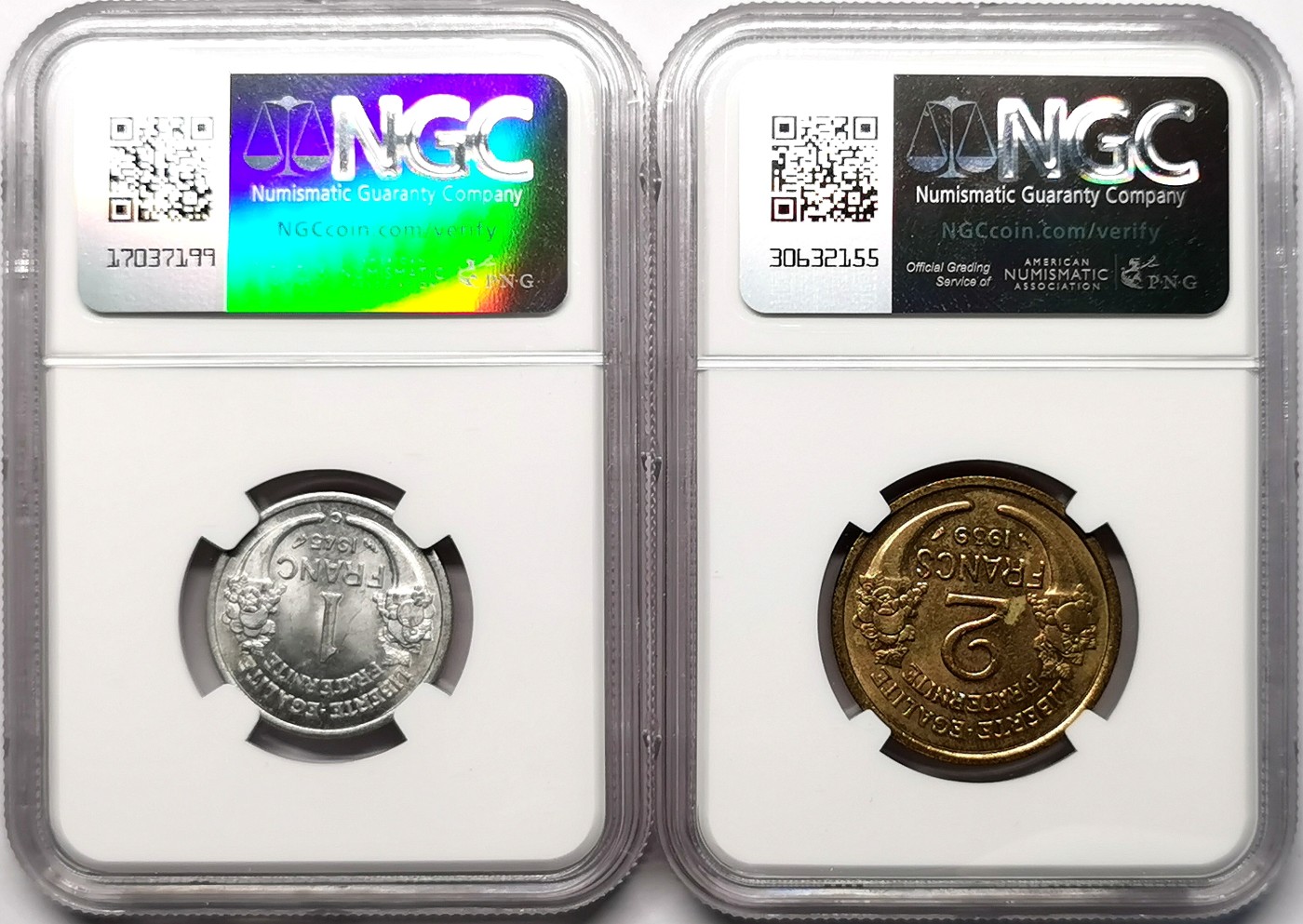 凡希社世界钱币微拍第二百六十四期 1939/45法国法郎/2法郎一对NGC-MS63/64