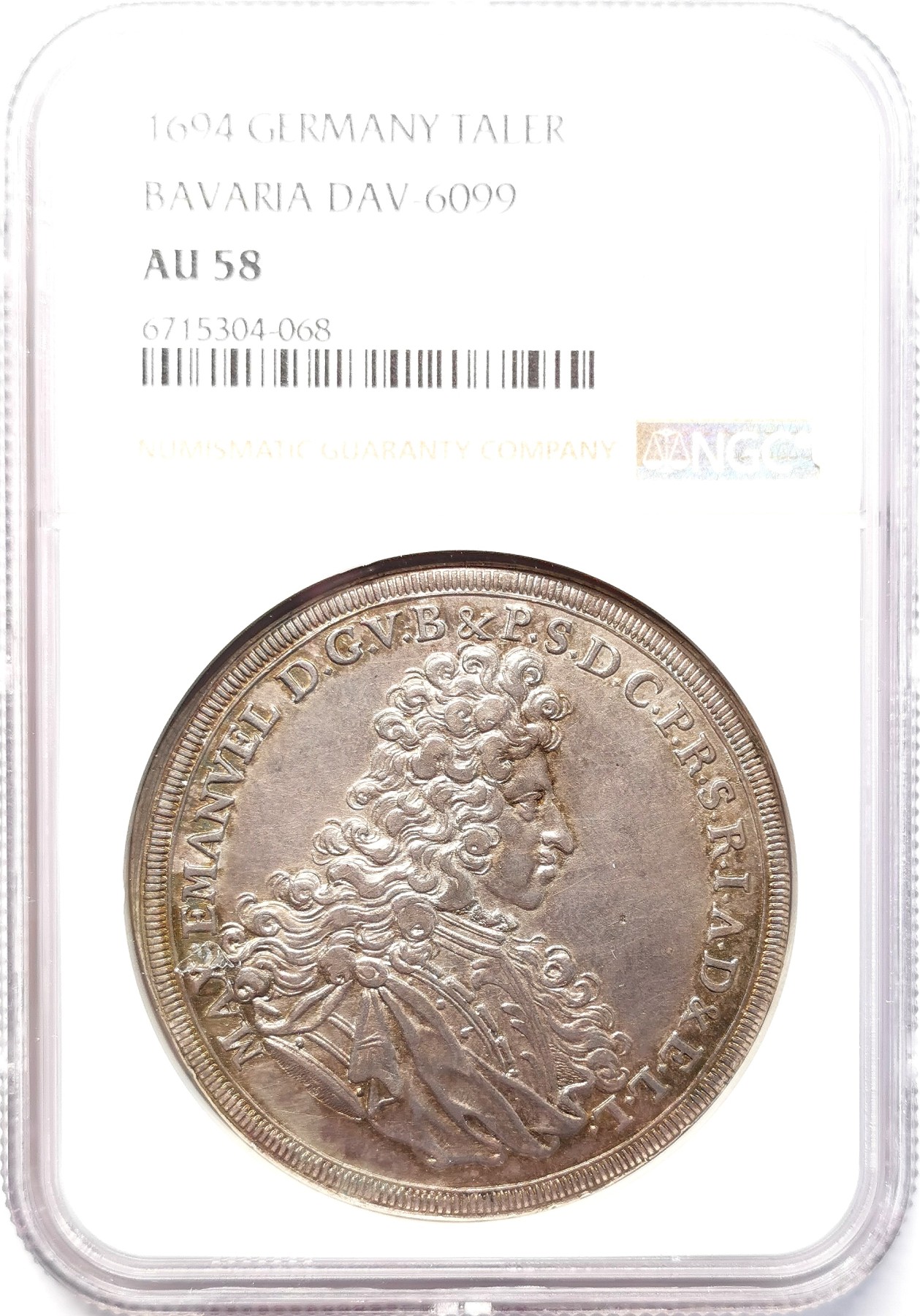 凡希社世界钱币微拍第二百六十四期 荐！1694巴伐利亚马克西米利安二世大波浪卷背圣母子泰勒大银NGC-AU58，一年型，淡色洋红包浆，无弱打细节锐利！