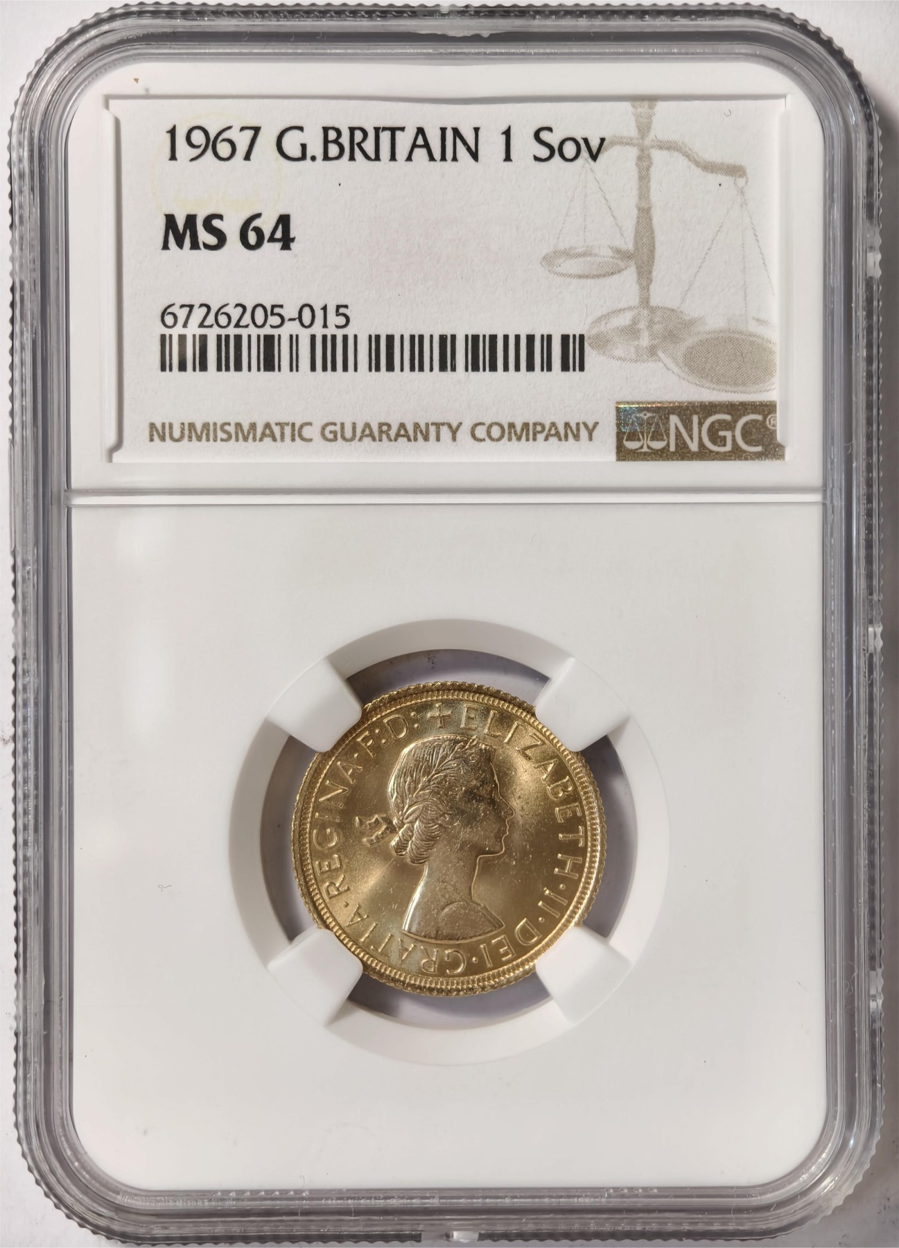 紫瑗钱币——第332期拍卖 英国 1967年  伊丽莎白二世  1索维林(磅) 金币 8克  NGC MS64