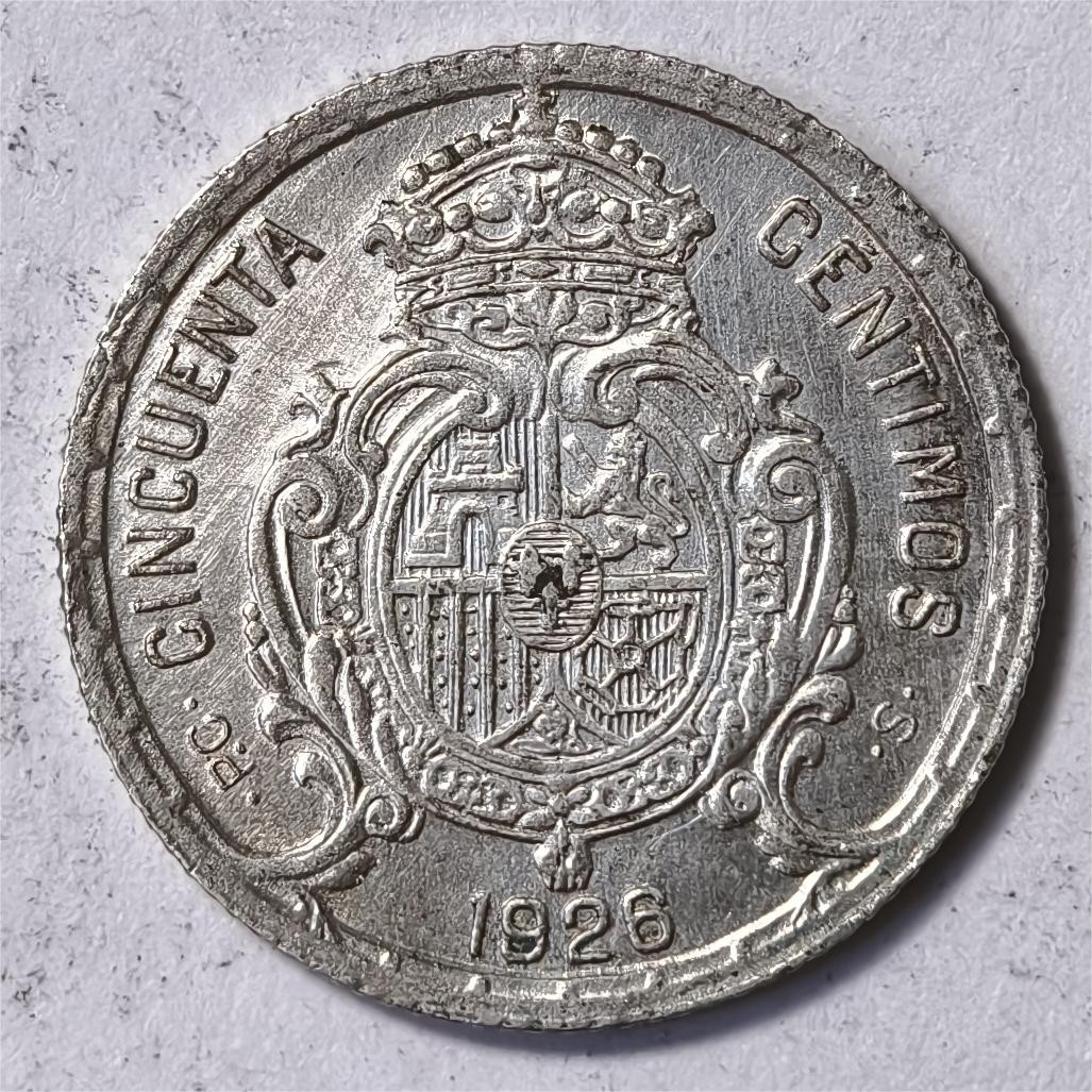 紫瑗钱币——第332期拍卖 西班牙 1926年 阿方索十三世 50分 2.5克 0.835银