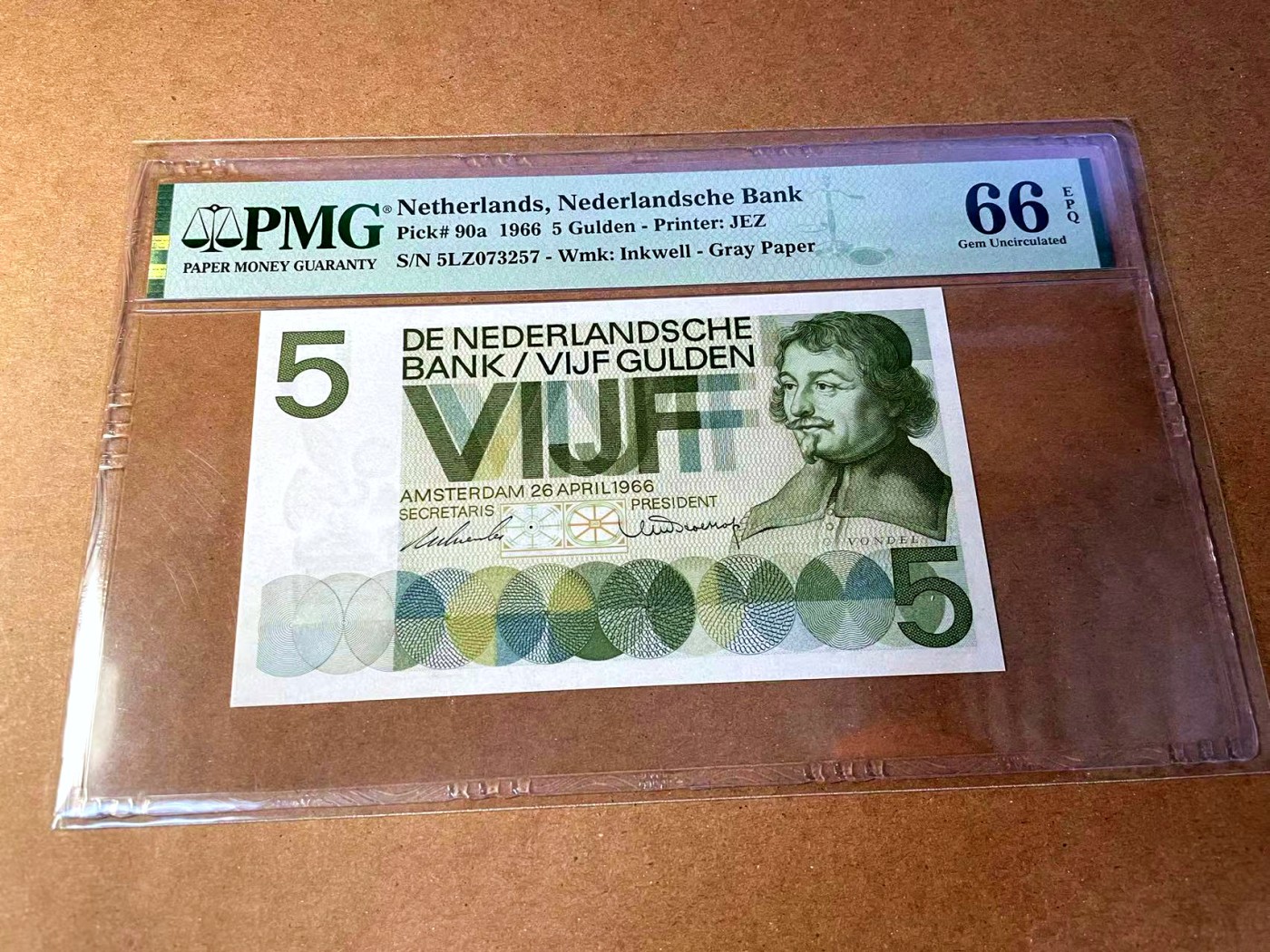 【Blue Auction】✨世界纸币精拍第451期【精】 【5LZ073257】荷兰 人像版 1966年5盾 PMG66EPQ
