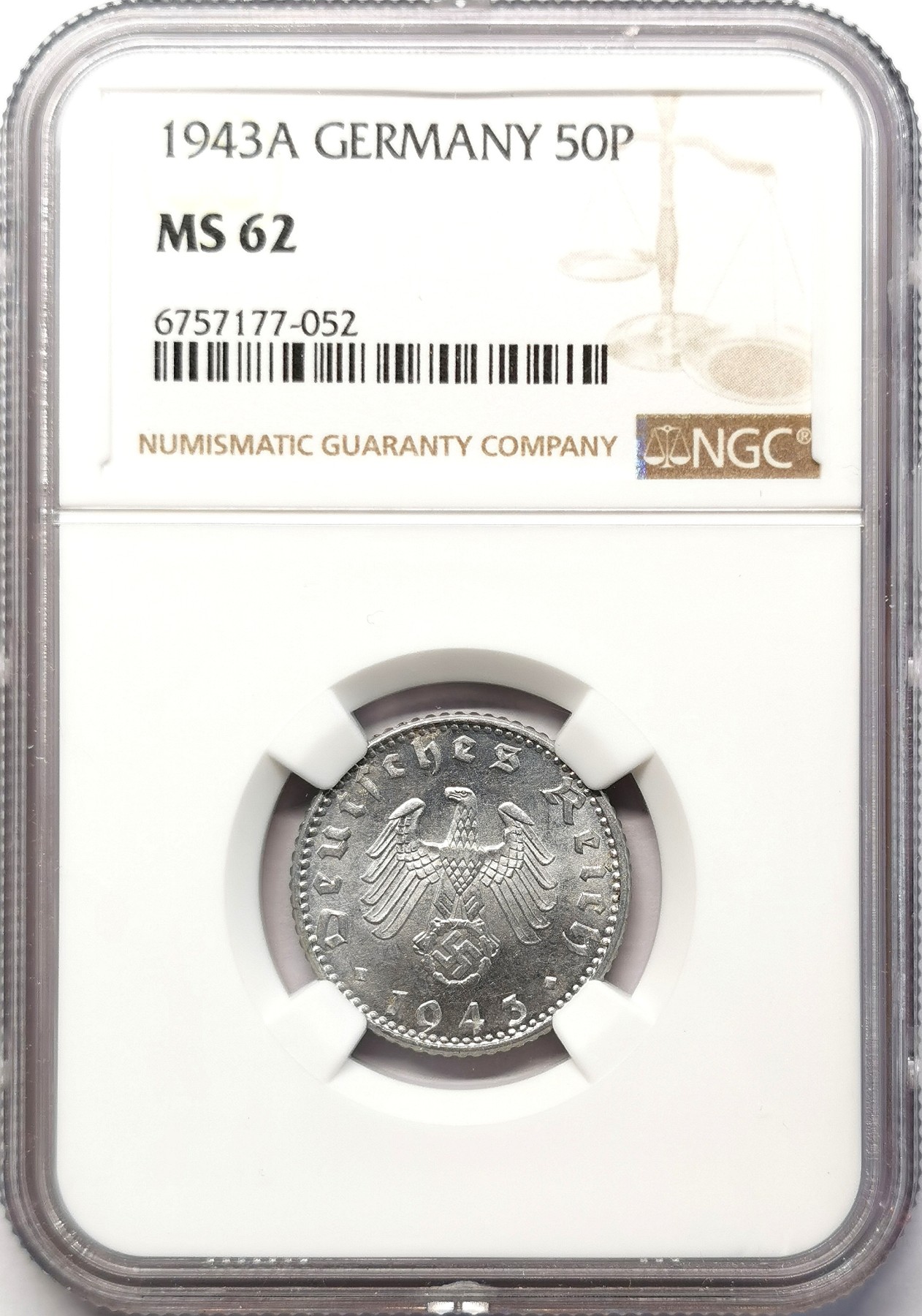 凡希社世界钱币微拍第二百六十四期 1943A德国50芬尼铝币NGC-MS62
