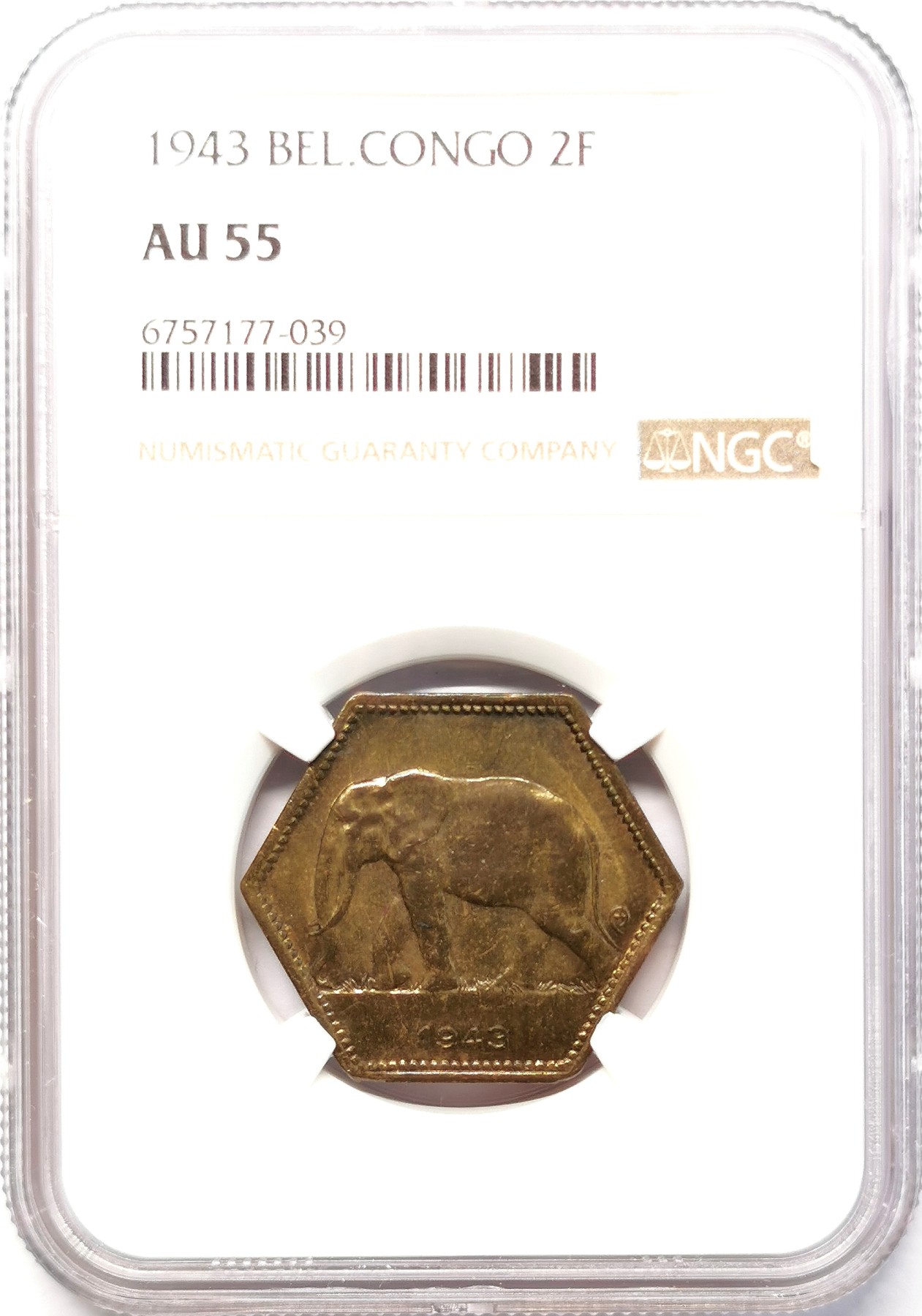 凡希社世界钱币微拍第二百六十四期 1943比属刚果大象六边形2法郎NGC-AU55，非洲殖民地钱币专家DENNIS GILL的logo选用了这一独特的钱币图案。