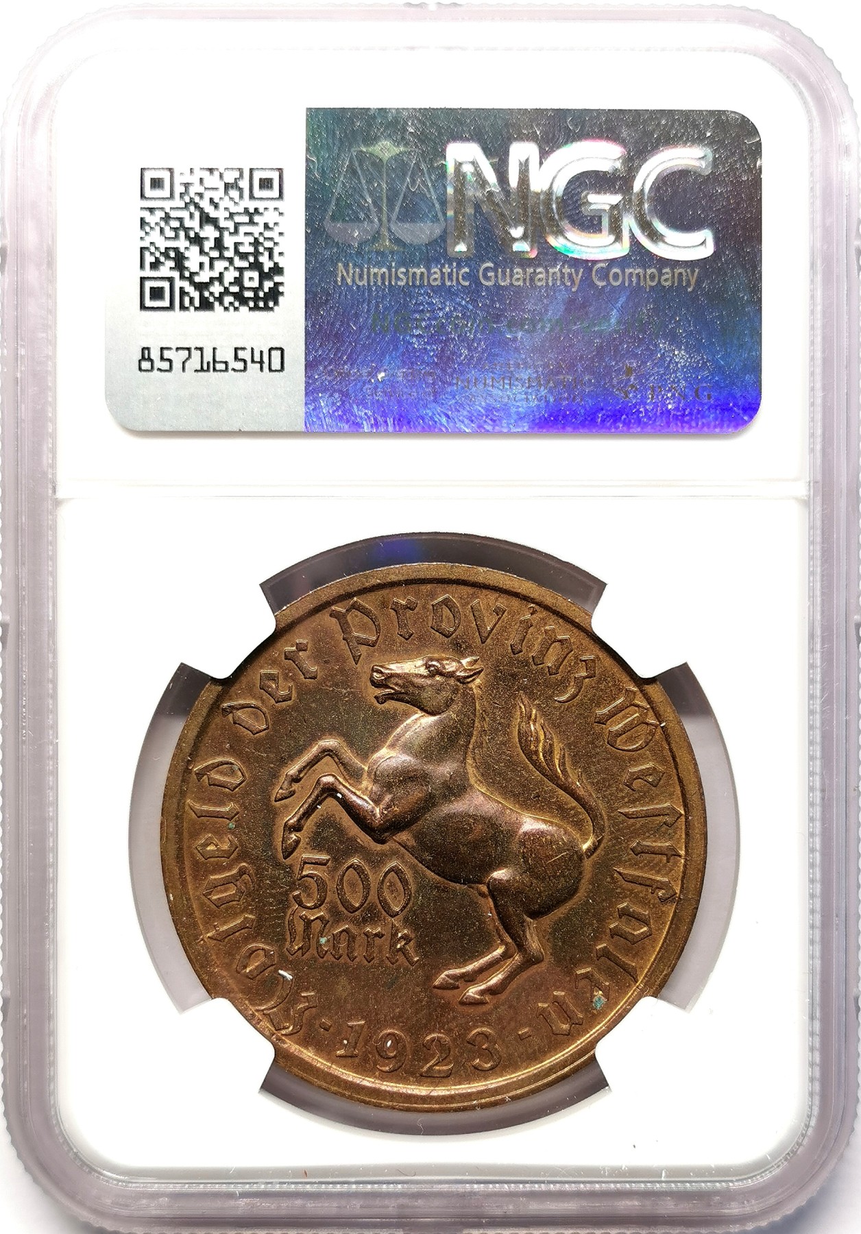 凡希社世界钱币微拍第二百六十四期 1923德紧威斯特伐利亚民族少女500马克NGC-MS62