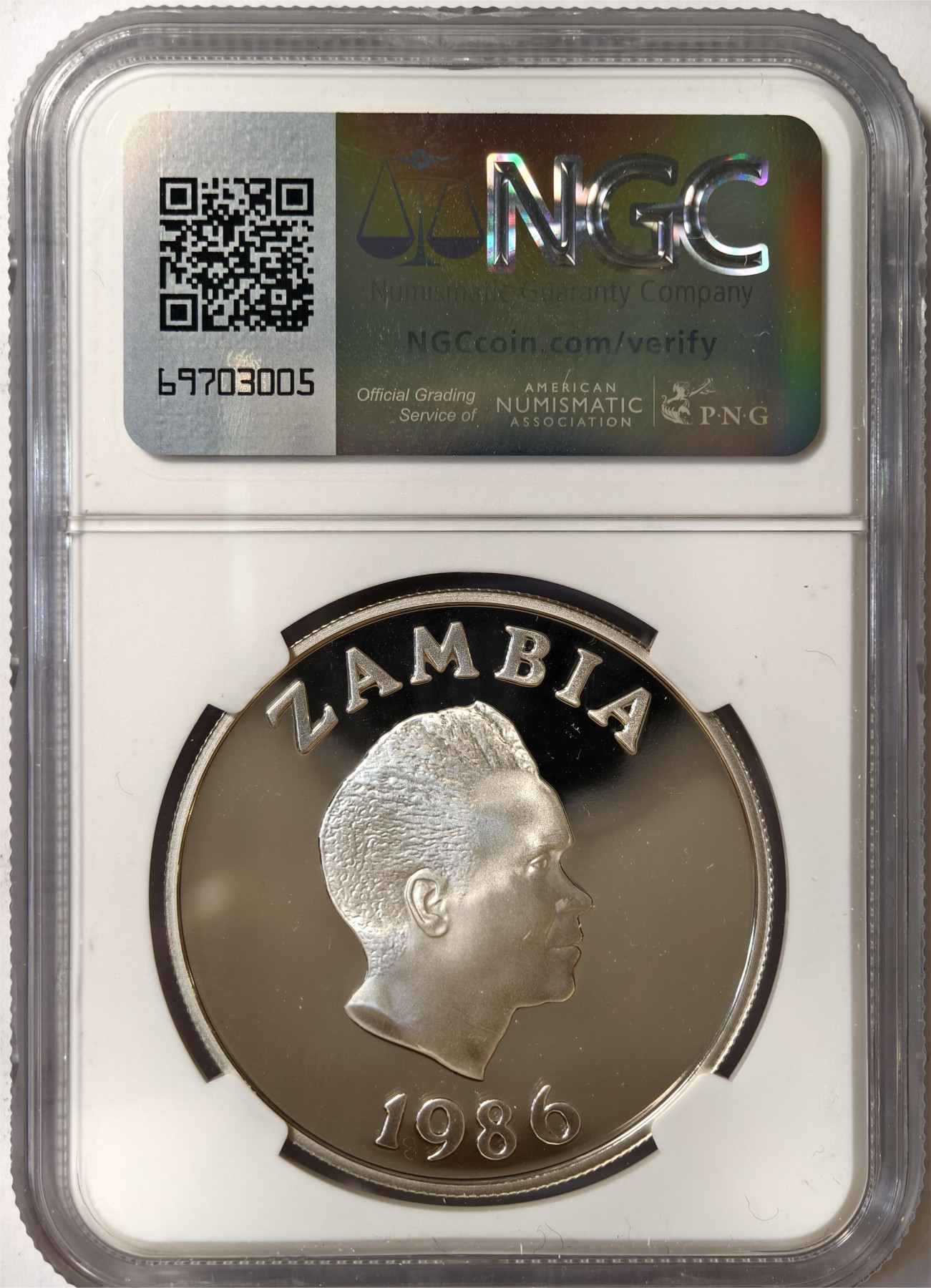 紫瑗钱币——第332期拍卖  赞比亚 1986年 WWF基金会25周年 鸟 10卡瓦查 银币 NGC PR68 UC