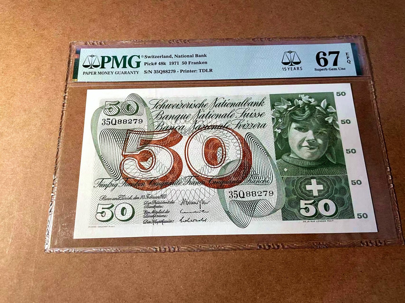 【Blue Auction】✨世界纸币精拍第451期【精】 【p48k 冠军分】瑞士 1971年50法郎 PMG67EPQ 高分 苹果园